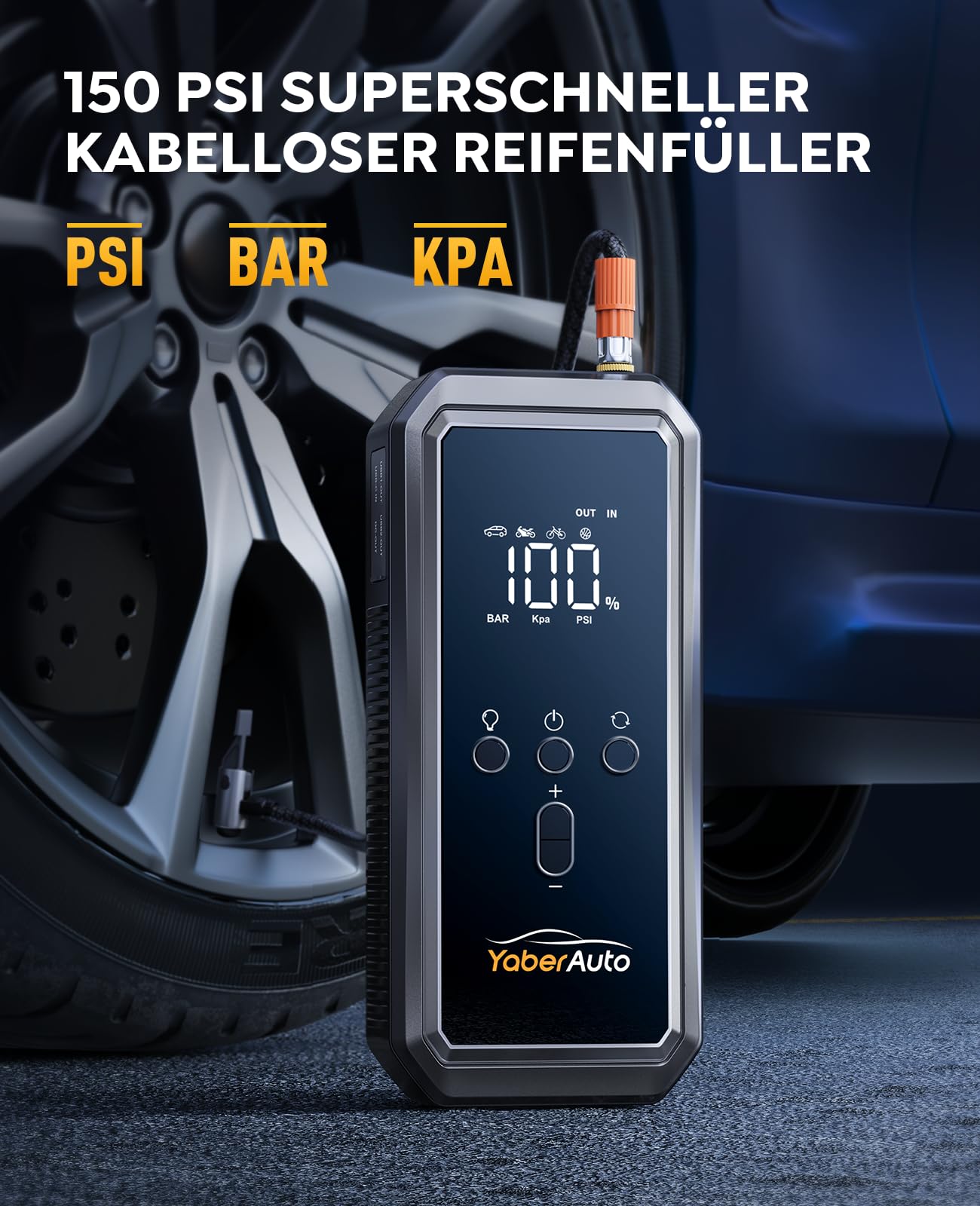 5000A Auto Starthilfe, YaberAuto Starthilfe Powerbank mit 150PSI Kompressor, 21,800mAh Powerbank mit 300 Lumen Notlicht, 4 in 1 Powerbank als Starthilfe mit LCD Bildschirm, YA70