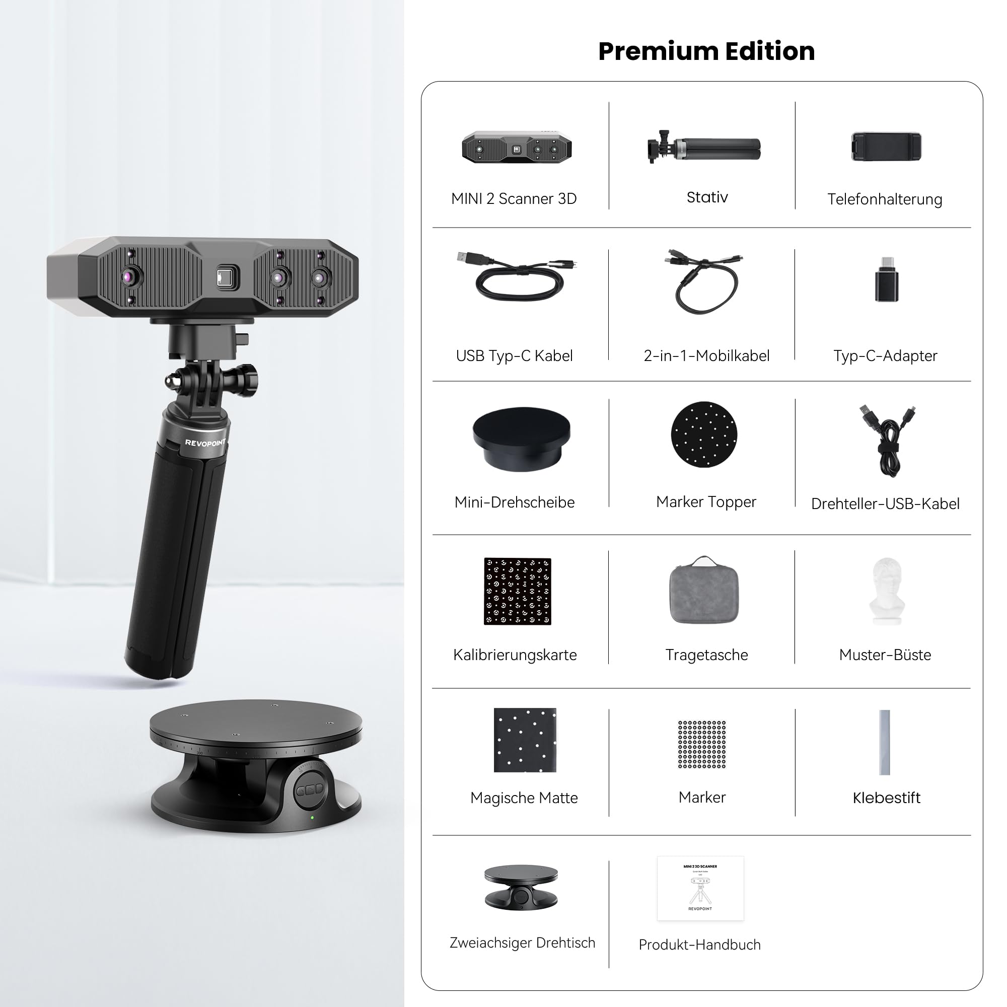Revopoint MINI 2 Handheld 3D Scanner für 3D Druck, 0.02mm Präzision, 16 fps schnelles Scannen, Industrielles Blaulicht, Portabler Farb-3D-Modellscanner für Dental, Schmuck & kleine Objekte, Advanced