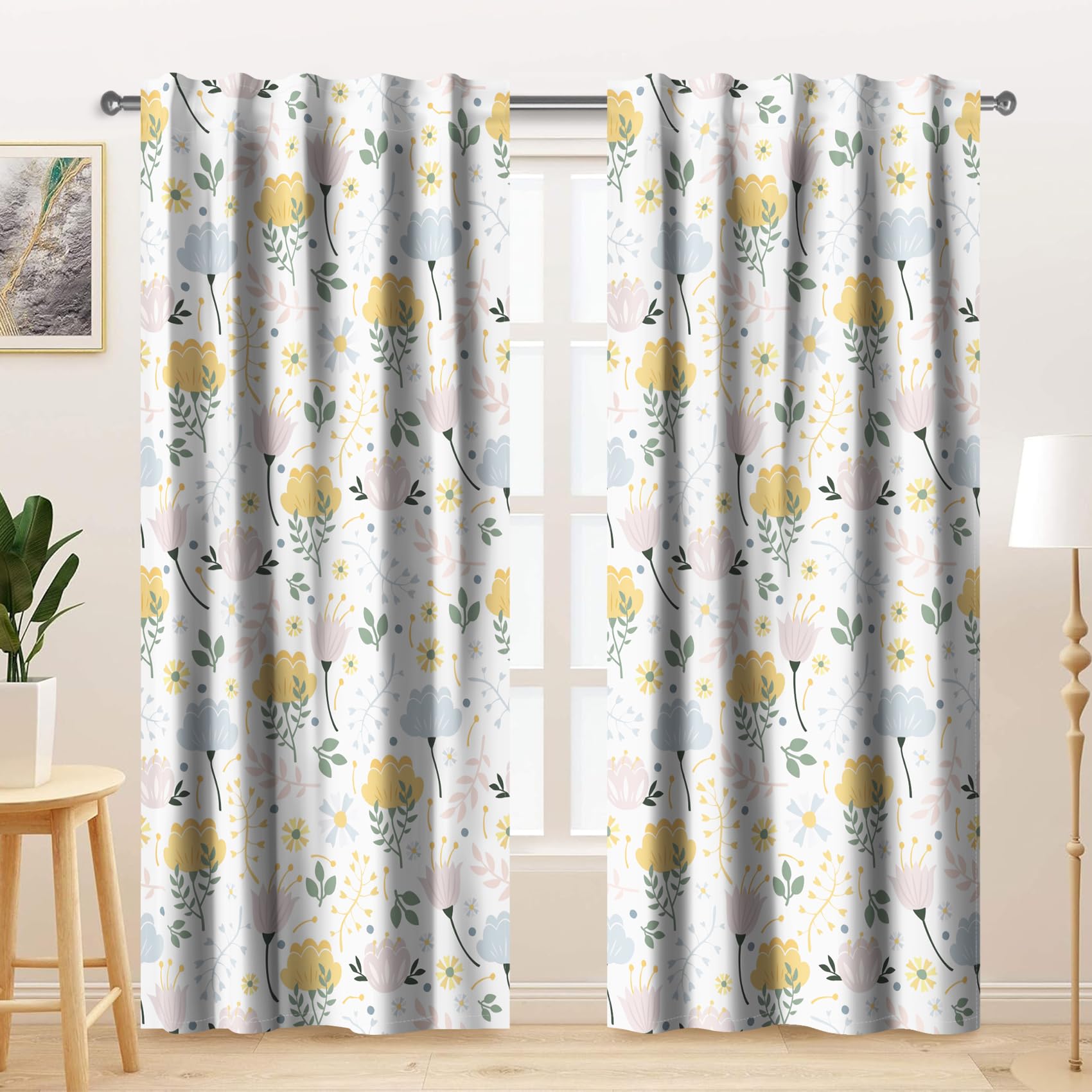Kzzfqxb 2 Panels 107x160cm Floral Curtains, Yellow Blue Flowers Twist Twig Green Leaves Wild Grasses Bloom Printed Window Drapes Rod Pocket for Girls Bedroom Living Room Pretty Elegant โ image 1