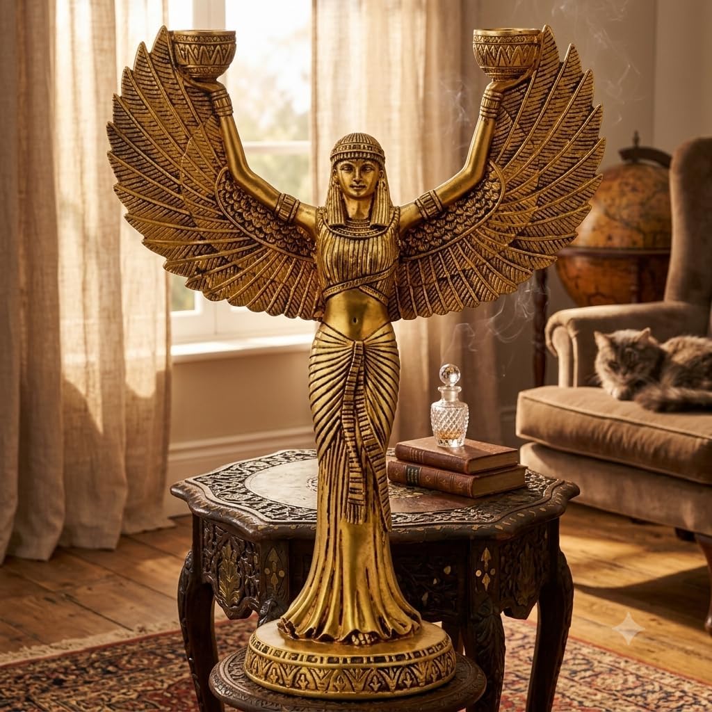 Brass Metallic Egyptian Statue of ISIS with Candle Holder – Idol of Egypt, Yellow Dimension-12 inches