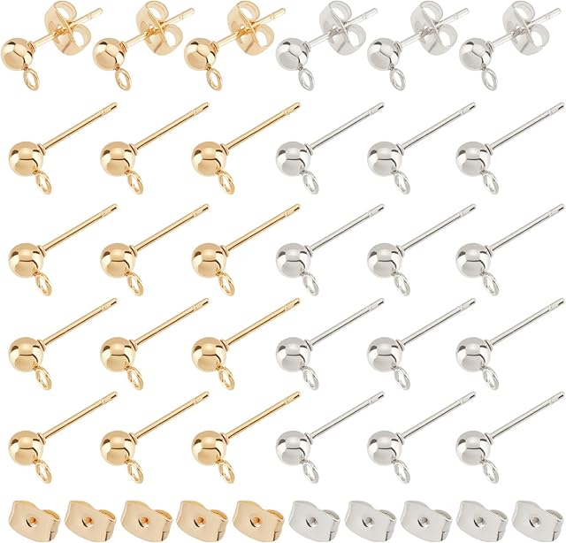 UNICRAFTALE 120Pcs 2 Colors Ball Stud Earring Findings 304 Stainless Steel Stud Earrings Ball Post Earrings Ball Earring Components With Loop And Ear Nuts Hypoallergenic Earrings For Earring Making