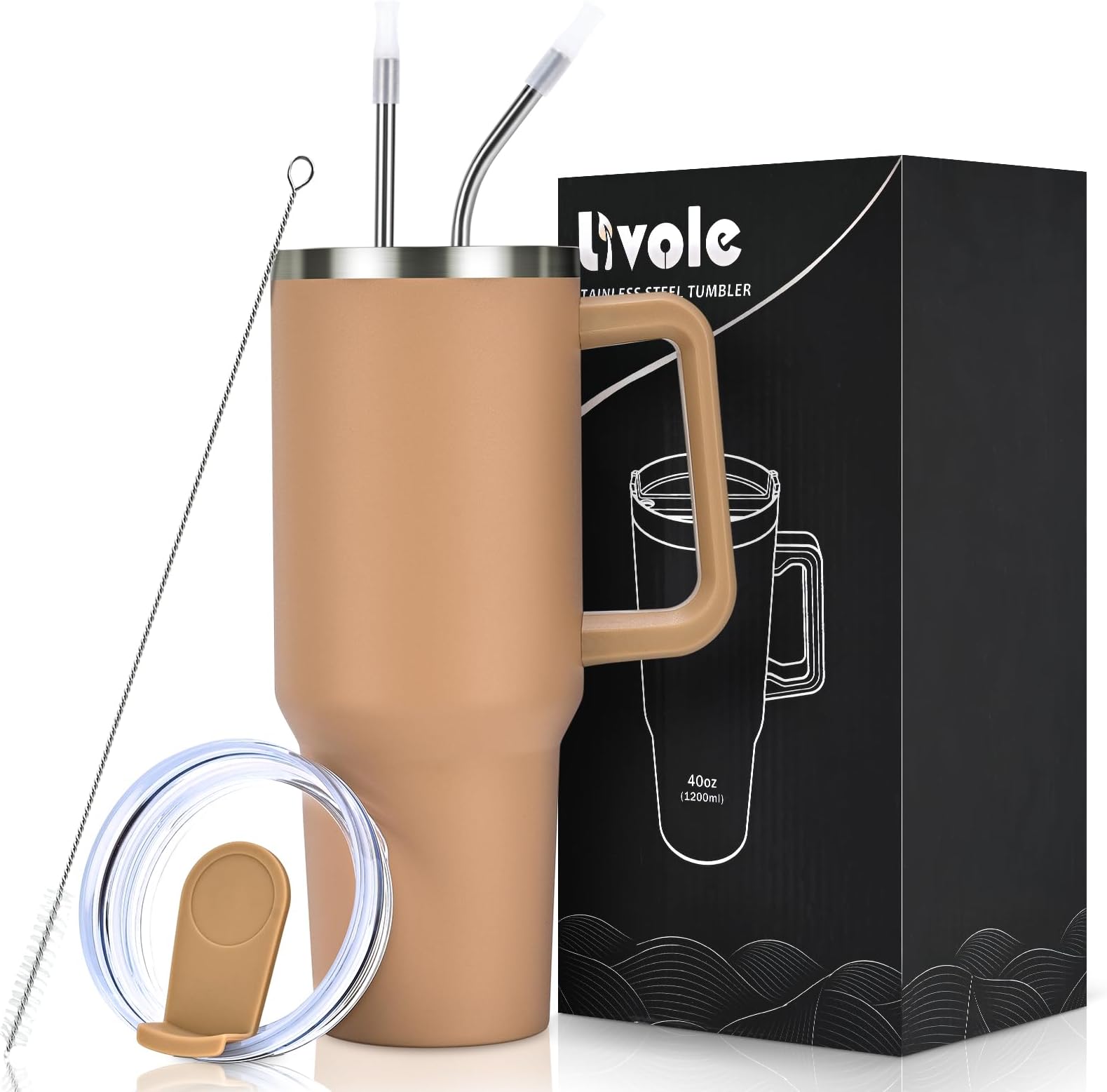 Livole40oz Tumbler with Handle, 1200ml Leakproof Vacuum Travel Mug for Cold Hot Drink, Insulated Coffee Cup with Straw and Lid, Stainless Steel Water Bottle for Travel, Camping, Sports, Camel