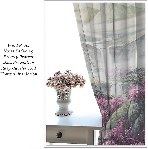 Miniatura 10 de Cortina asiática para sala de estar, ramas de bossom de ciruela roja, tratamientos de ventana de montaña para dormitorio, decoración de puerta de