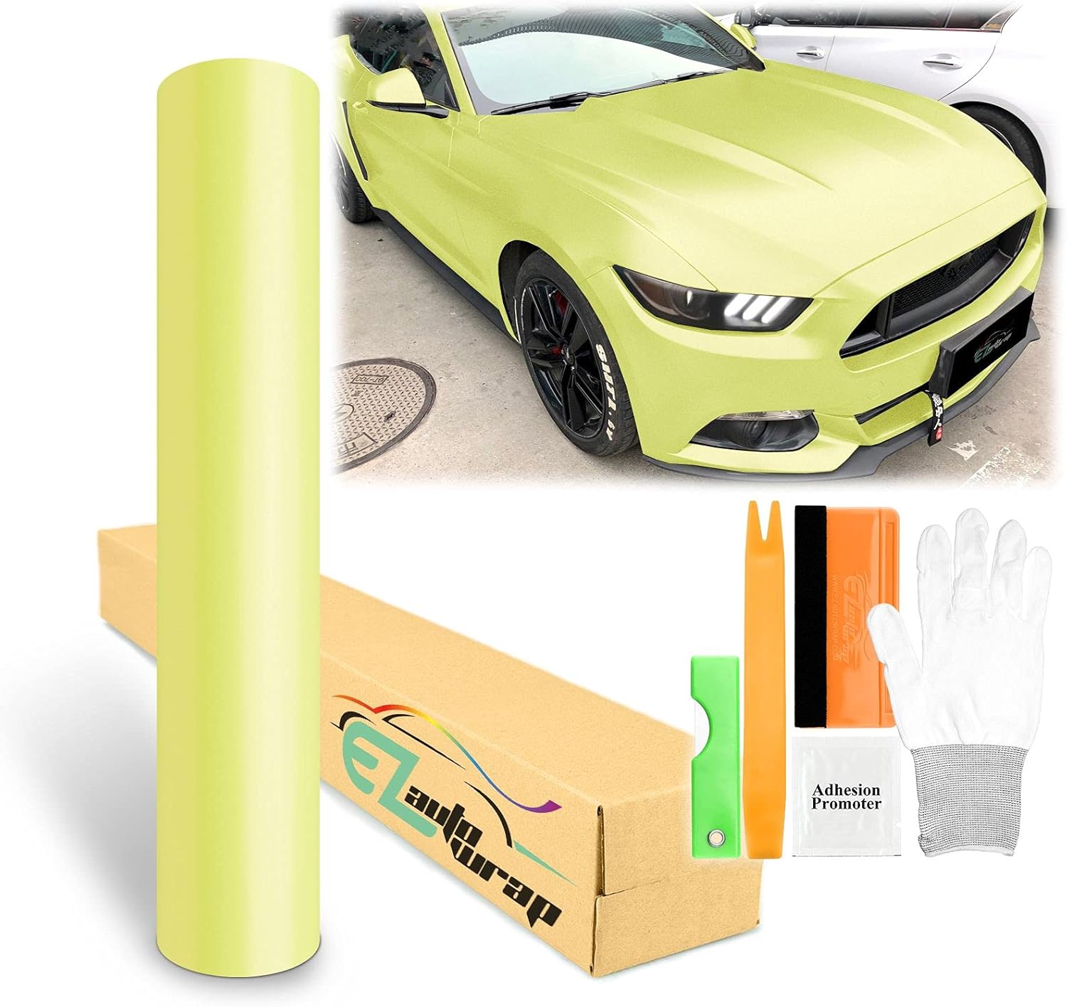 60"x480" (5FTx40FT) Neon Yellow Matte Metallic Satin Pearl Vinyl Wrap Sticker Sheet Film Car Auto Vehicle DIY Decal Bubble Free Air Release Self Adhesive Peel and Stick Free Tool Kit