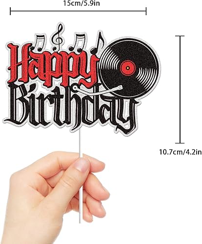 Miniatura 2 de Decoración para tarta de cumpleaños con purpurina negra y roja, disco de vinilo retro Rock and Roll, decoración de pastel de música, disco de CD de