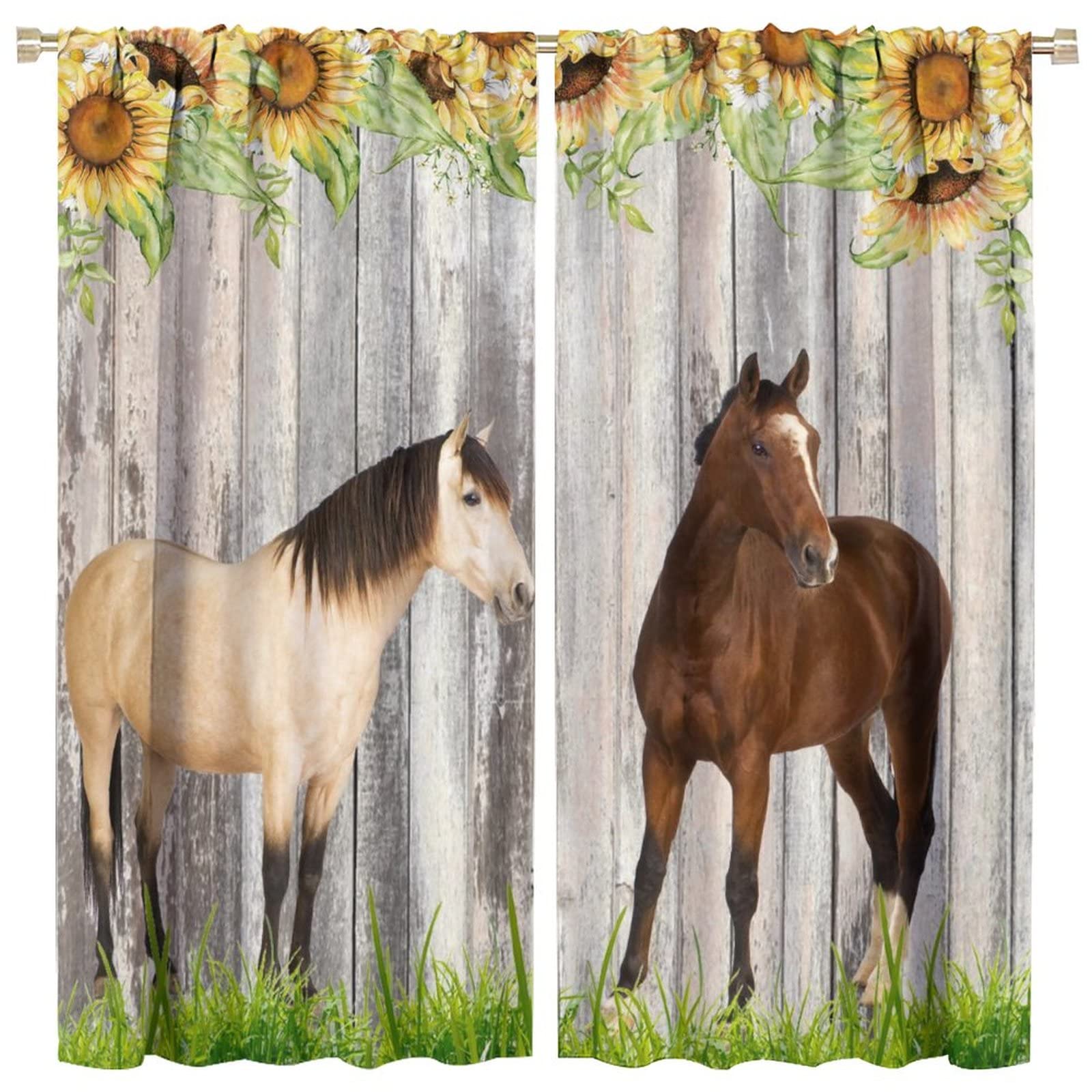 Farm Animal Curtains,Farmhouse Animals Horse Sunflower Floral Wooden Plank Background Rod Pocket Window Drapes for Living Room Bedroom Kitchen Bathroom Decor W42xL45in