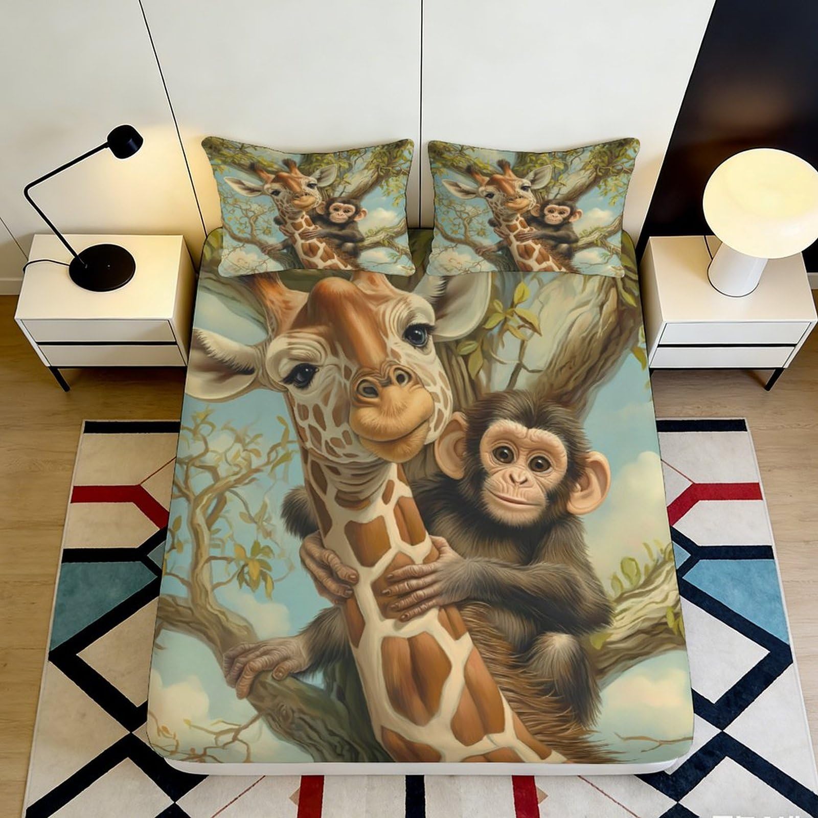 3D Printed Giraffe Tree Fitted Sheet Microfiber Soft Breathable Monkey Forest Bed Cover for Bedroom Dorm Decor 90x200x25cm