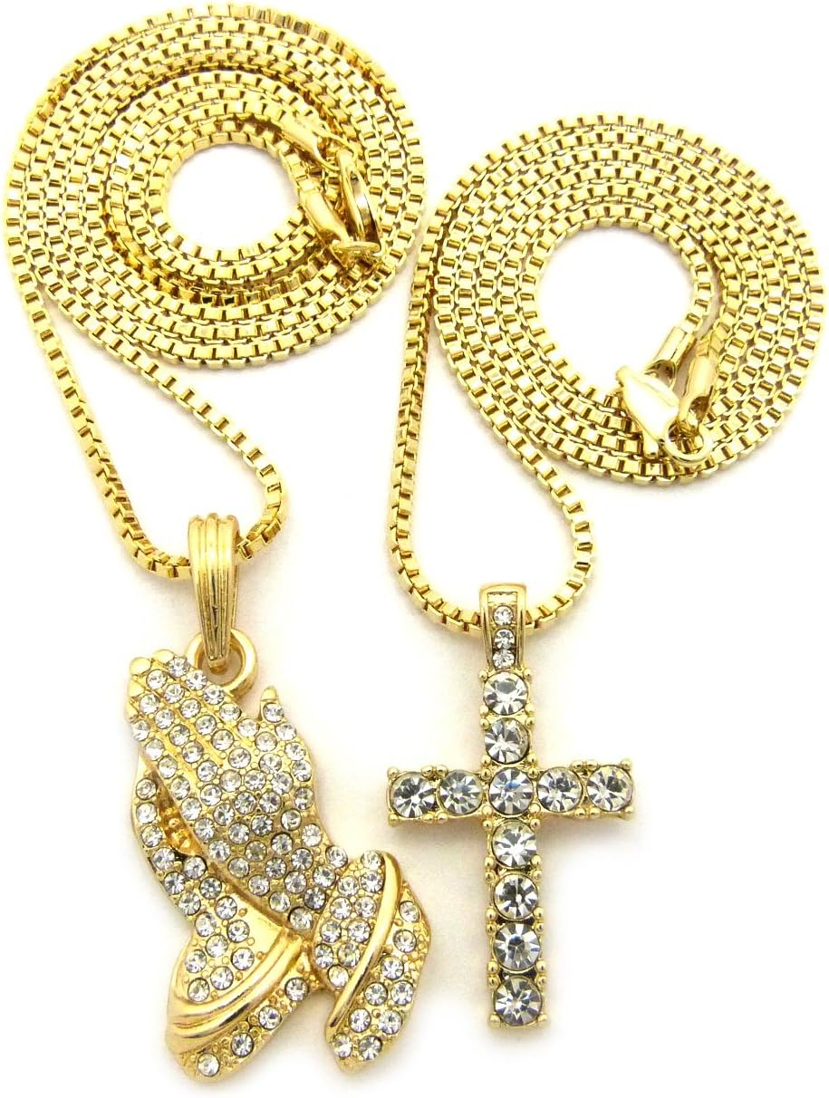 GWOOD Cross and Praying Hands Pendants Set 24 And 30 Inch Lengths Gold Color Box Link Necklaces