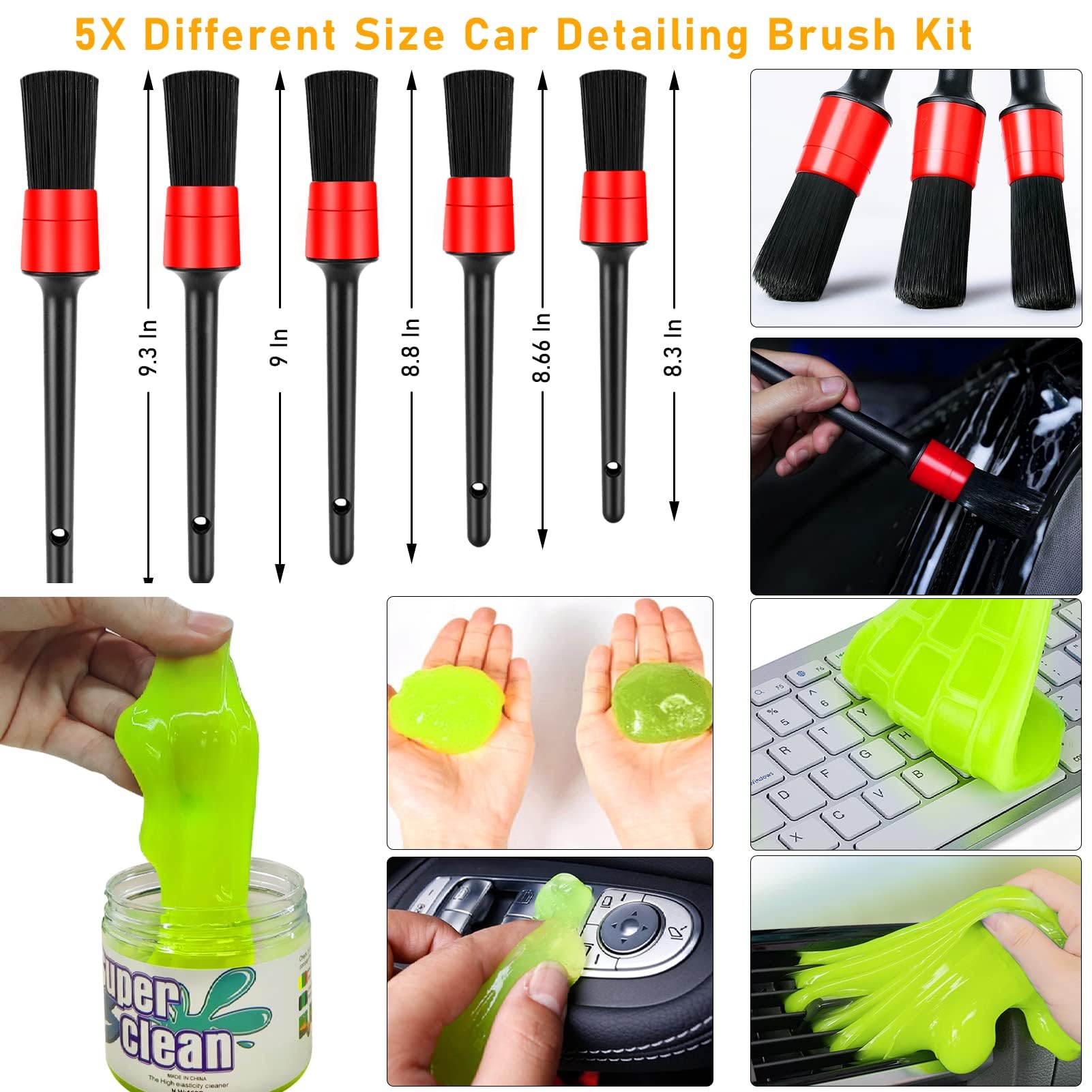 Yumzeco 46er Auto Reinigung Bürsten Pinsel Set, Detailing Reinigungsbürsten Set, Felgenbürsten fürs Auto, Detailingbürste, Polierpad Set, Reinigungsgel, Drahtbürste, Waschhandschuh, Polierkegel