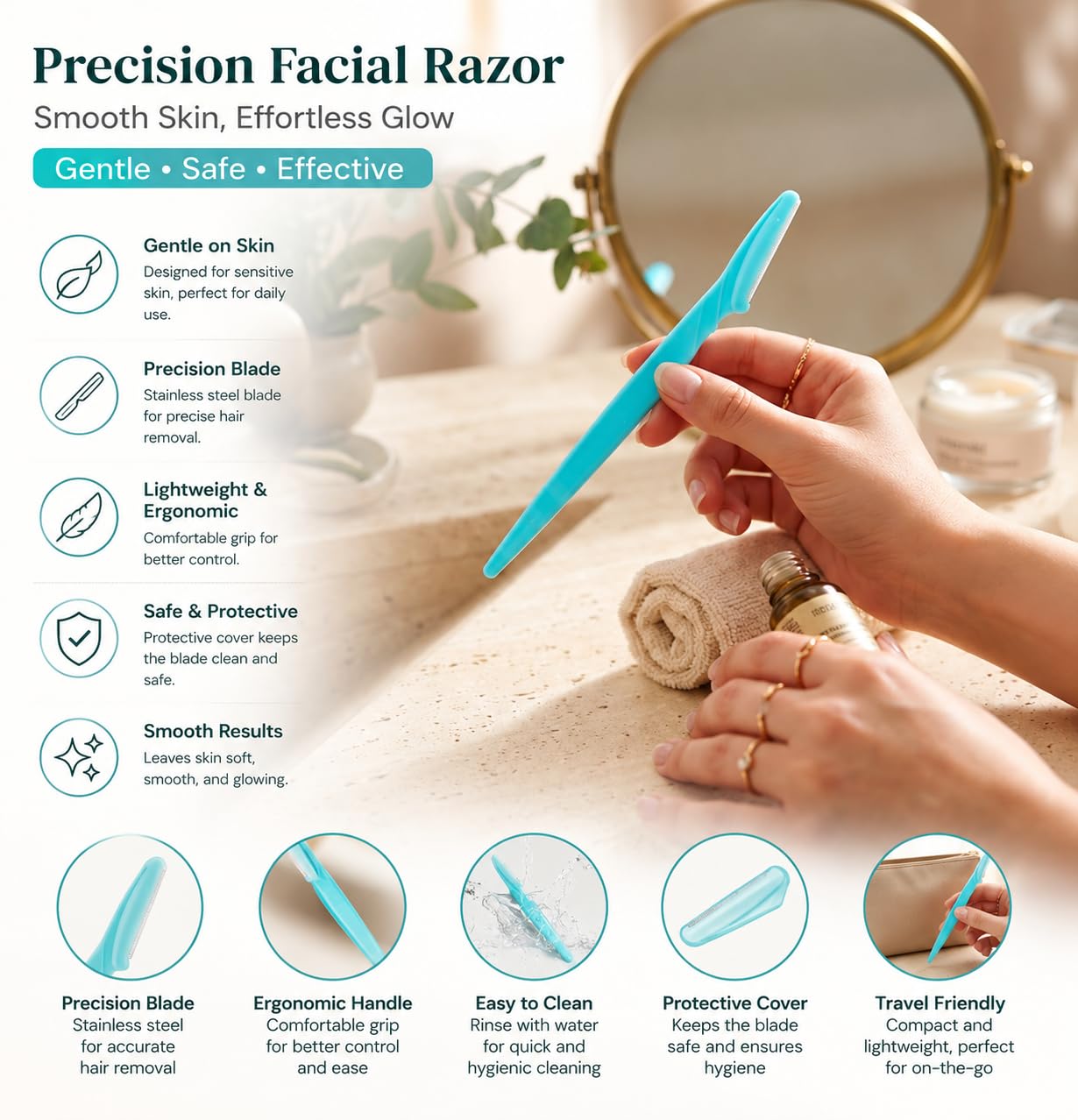 Dermaplane Razor for Women, Face Razor & Eyebrow Trimmer, Facial Hair Remover, Peach Fuzz Remover, Exfoliating Facial Razor with Protective Cover, Safe Precision Blade, Pack of 3 image 5