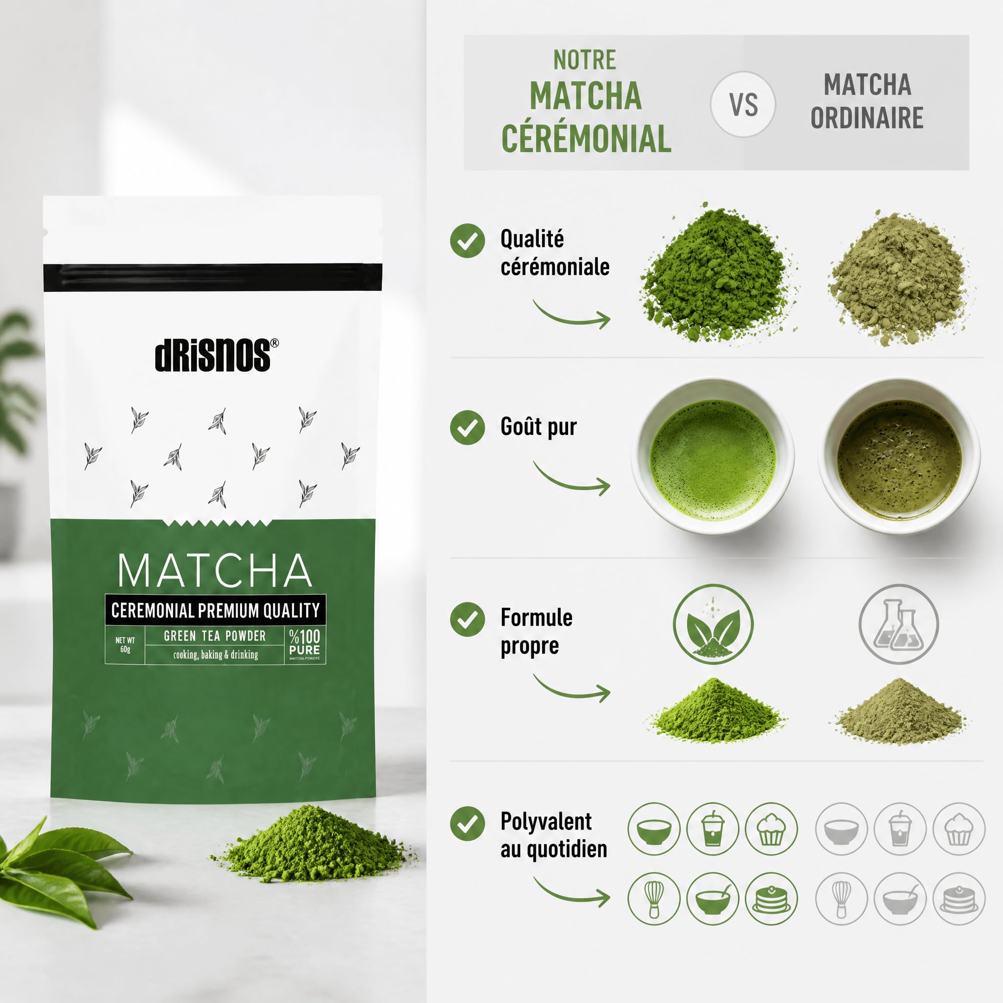 DRISNOS - Thé Matcha DRISNOS de Qualité Premium Cérémoniale, Matcha en Poudre, 60g, 100% naturel, thé vert de première récolte