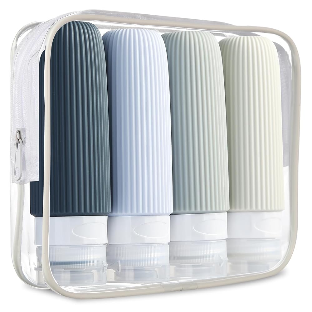 Mrsdry Travel Bottles for Toiletries, Tsa Approved 3oz Portable Travel Bottles, BPA Free Leak Proof Squeezable Silicone Travel Size Containers, Travel Accessories with Clear Toiletry Bag (4 Pack)