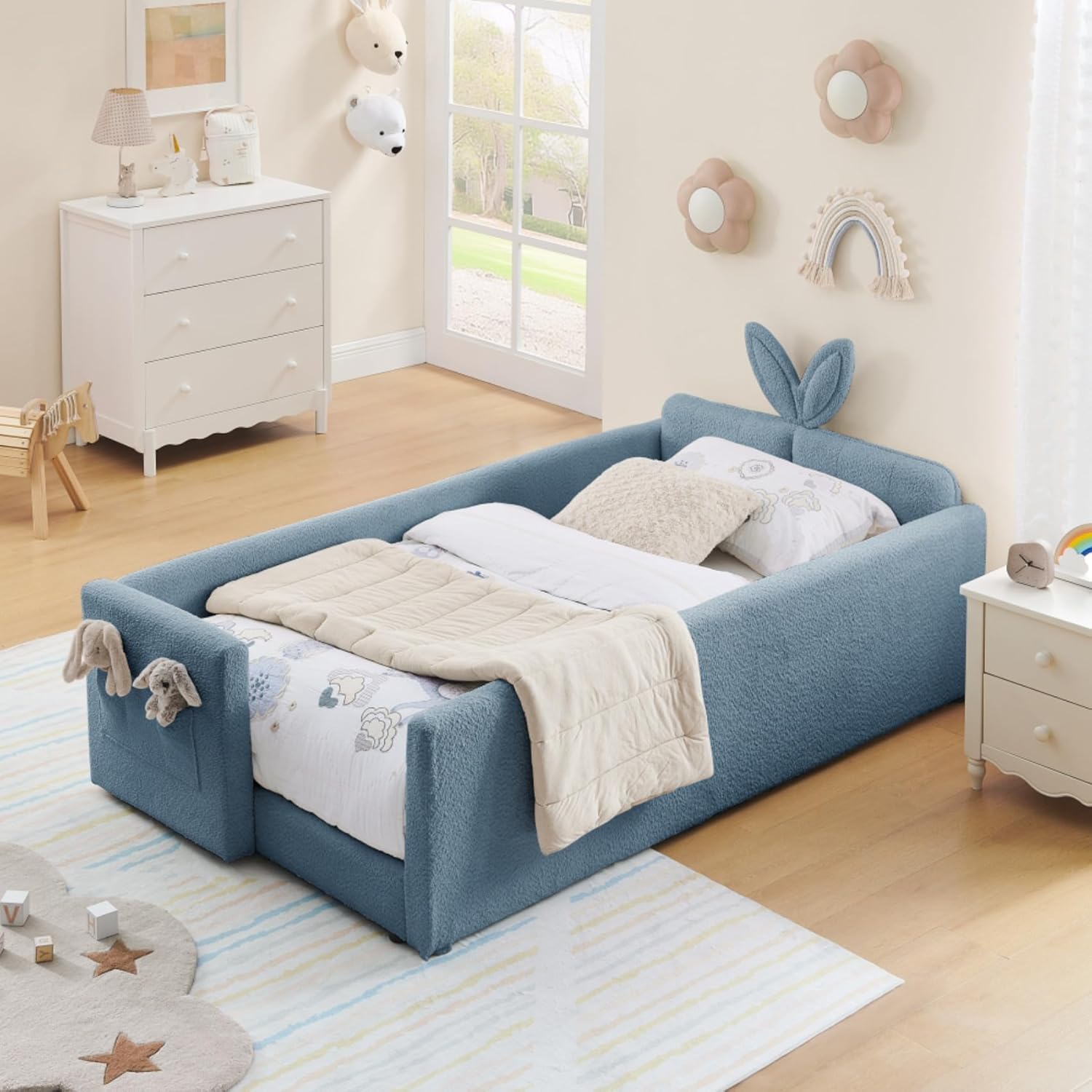Twin Size Platform Bed Frame with Cute Rabbit Ear Shaped Upholstered Headboard, Boucle Fabric Montessori Bed with Storage Pocket, Safety Rail, Kids Adults, Assembly Easy, Baby Blue