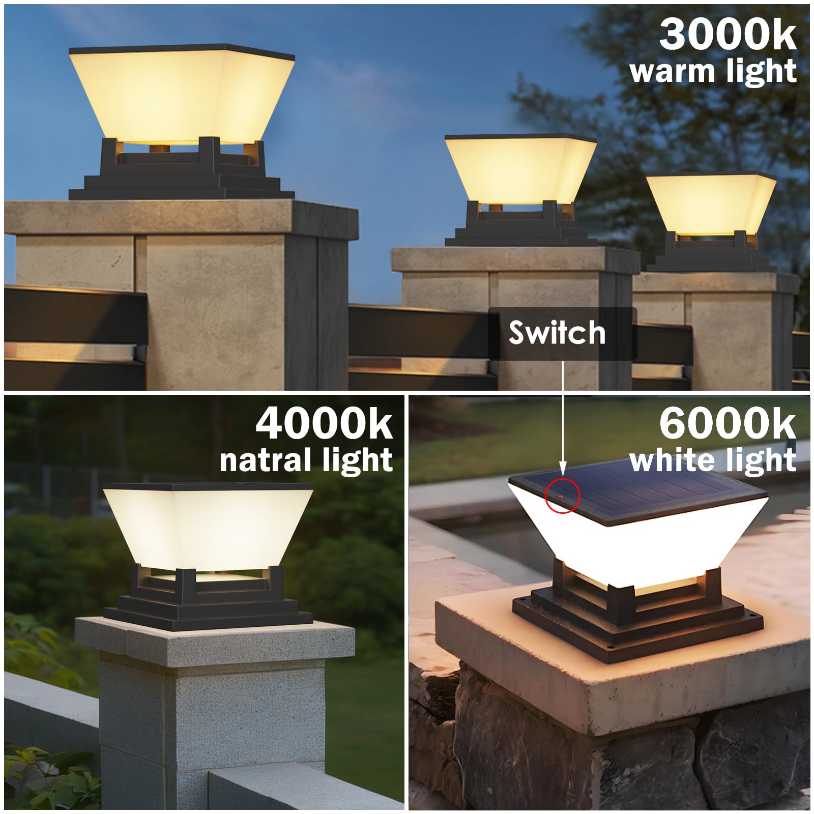 ACMHNC Luz Solar Sobremuro Exterior - IP65 Farolas Solares Exteriores - Farol Solar Exterior Jardin - 3000/4000/6000k - 10~16h Autonomía - Luz Para Jardín Entrada Valla Patio, Negro