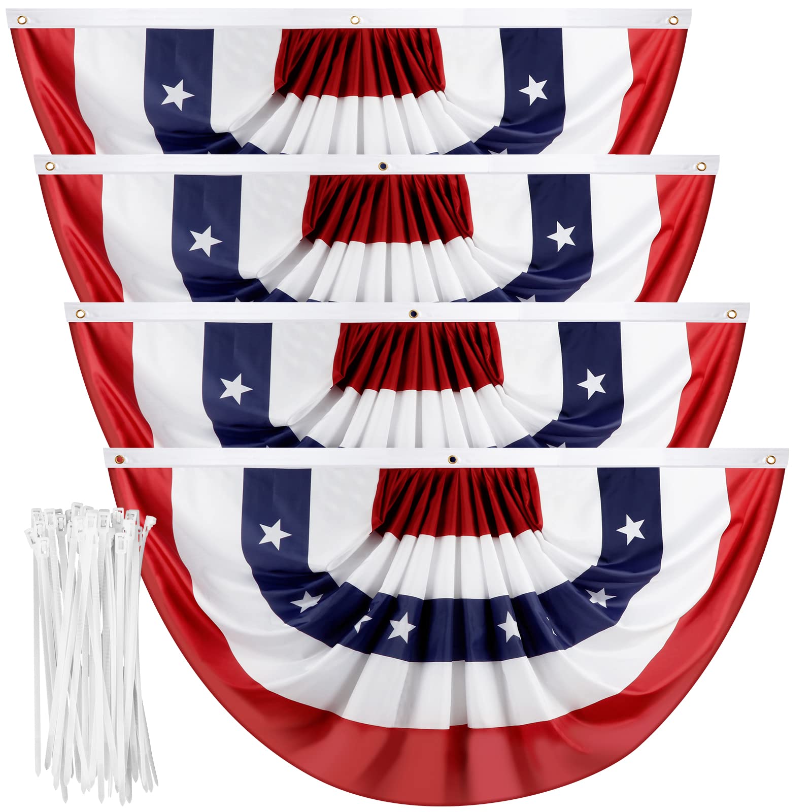 USA Pleated Fan Flag, 1.5x3 Feet American US Bunting Flag Patriotic Half Fan Banner Flag for 4th of July Memorial Day Indoor Outdoor Decoration, with Brass Grommets and Zip Ties (1.5x3.0 Feet, 4 Pack)