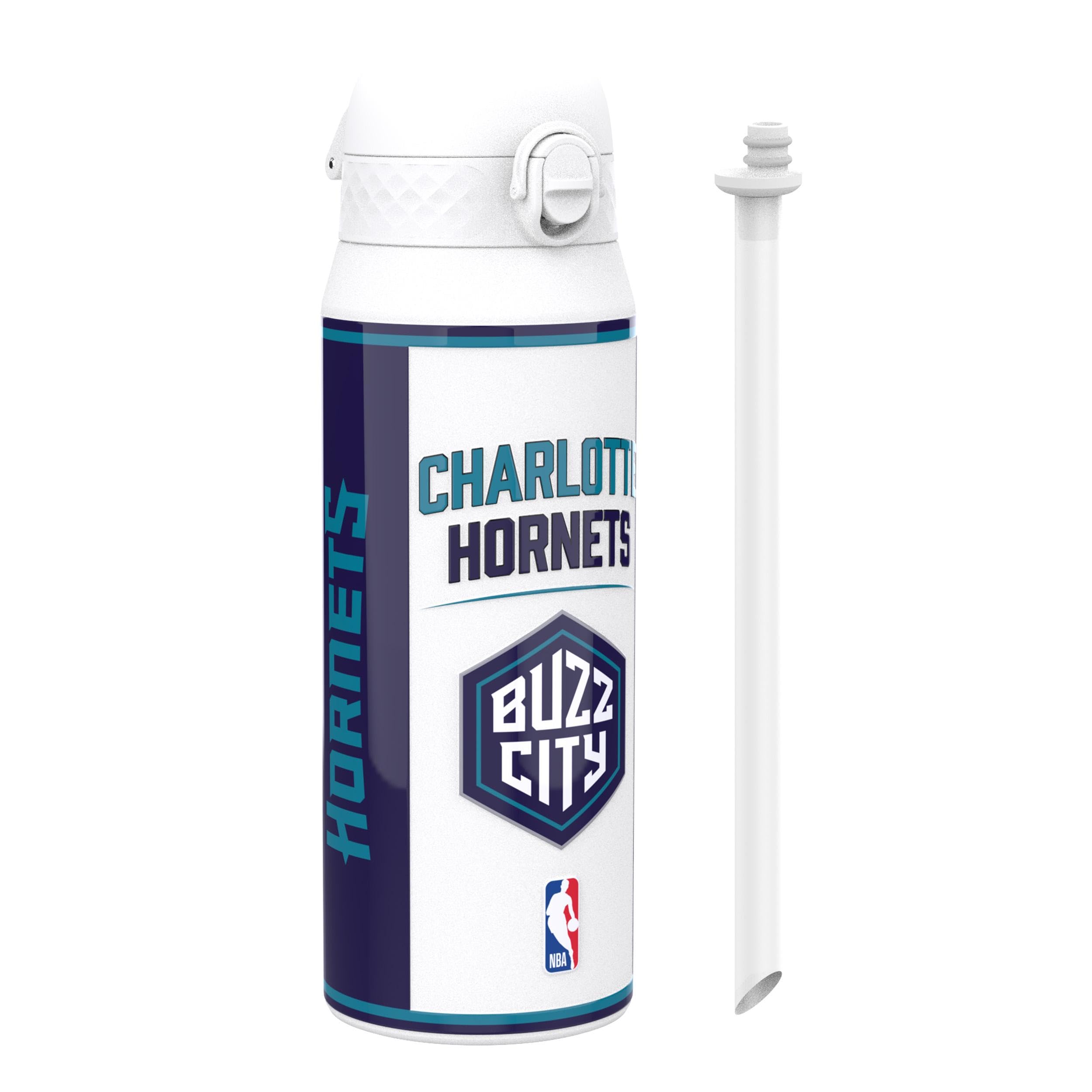 ion8 NBA Charlotte Hornets Trinkflasche Mit Herausnehmbarem Strohhalm, 750ml/24oz, Auslaufsichere Isolierflasche, Leicht Zu Öffnen, Sicherer Verschluss, Spülmaschinenfest, Klappdeckel, Metallflasche