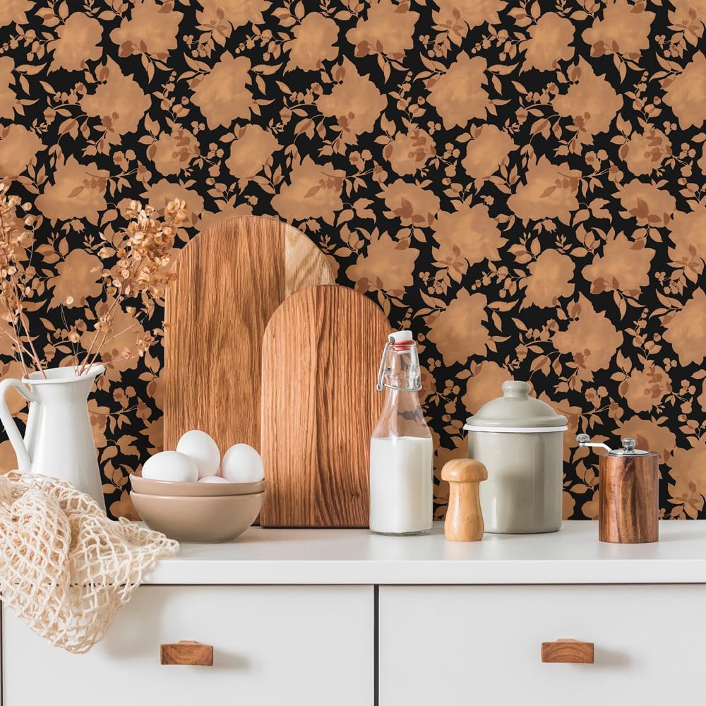 Tempaper Metallic Copper & Black Silhouette Removable Peel and Stick Floral Wallpaper, 20.5 in X 16.5 ft, Made in The USA