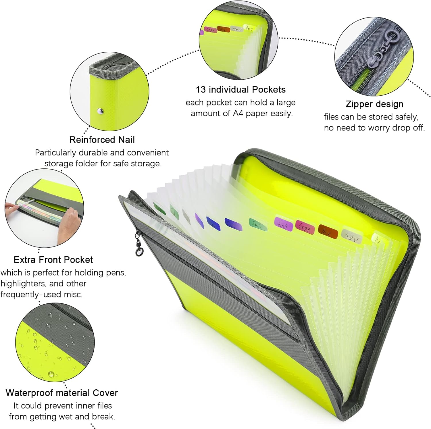 NAFY Expanding File Folders, 2Pack 13 Pockets Document Organizer with Zipper, A4 Letter Size Portable Accordion Expanding File Folders with Multicolor Labels for Office School Supplies (Black+Green)