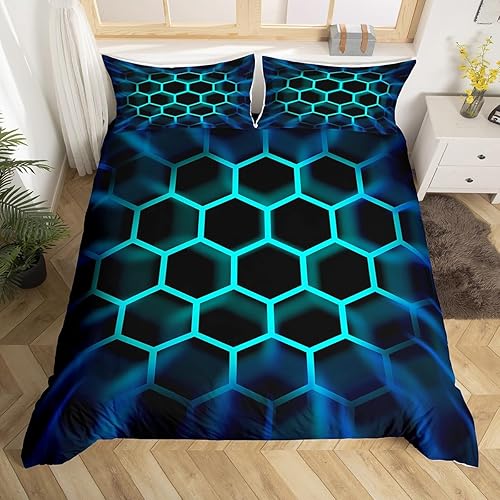 Juego de ropa de cama de panal de abeja, funda de edredón geométrica 3D de colmena hexagonal de colmena tamaño Queen para niños y hombres, funda de