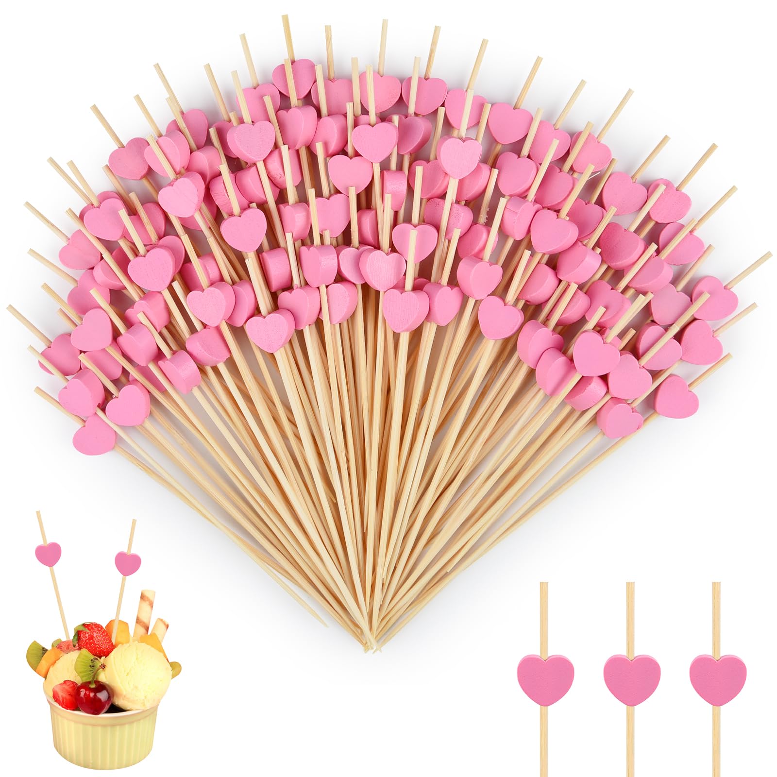 ANPUNAT 300 Counts 4.7 in Pink Heart Cocktail Picks Wooden Toothpicks Appetizer Bamboo Stick Fruit Forks for Valentine's Day Wedding Baby Shower Party Decorations Supplies