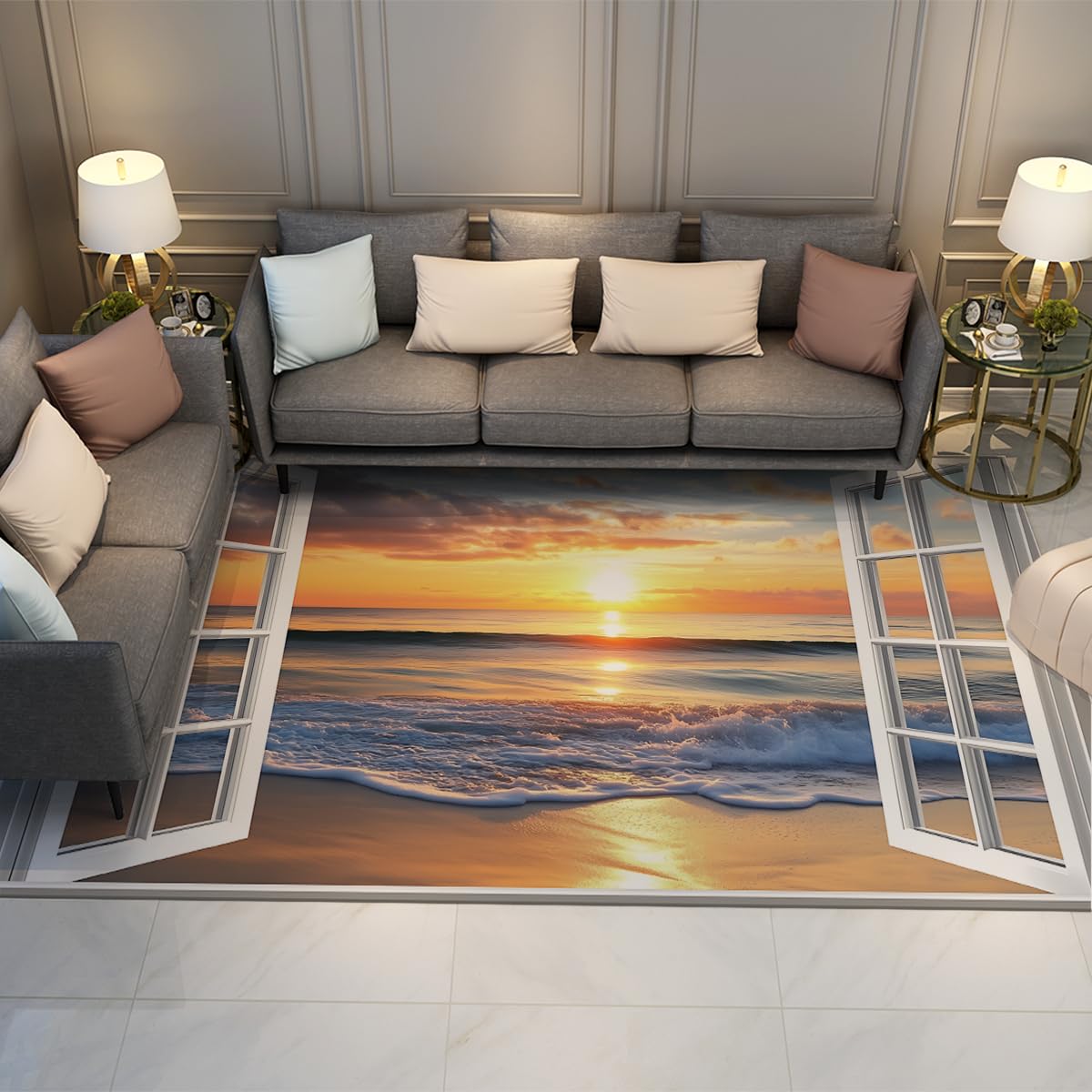 Dywan okienny 140 x 200 cm ocean plaża zachód słońca duży dywan z niskim