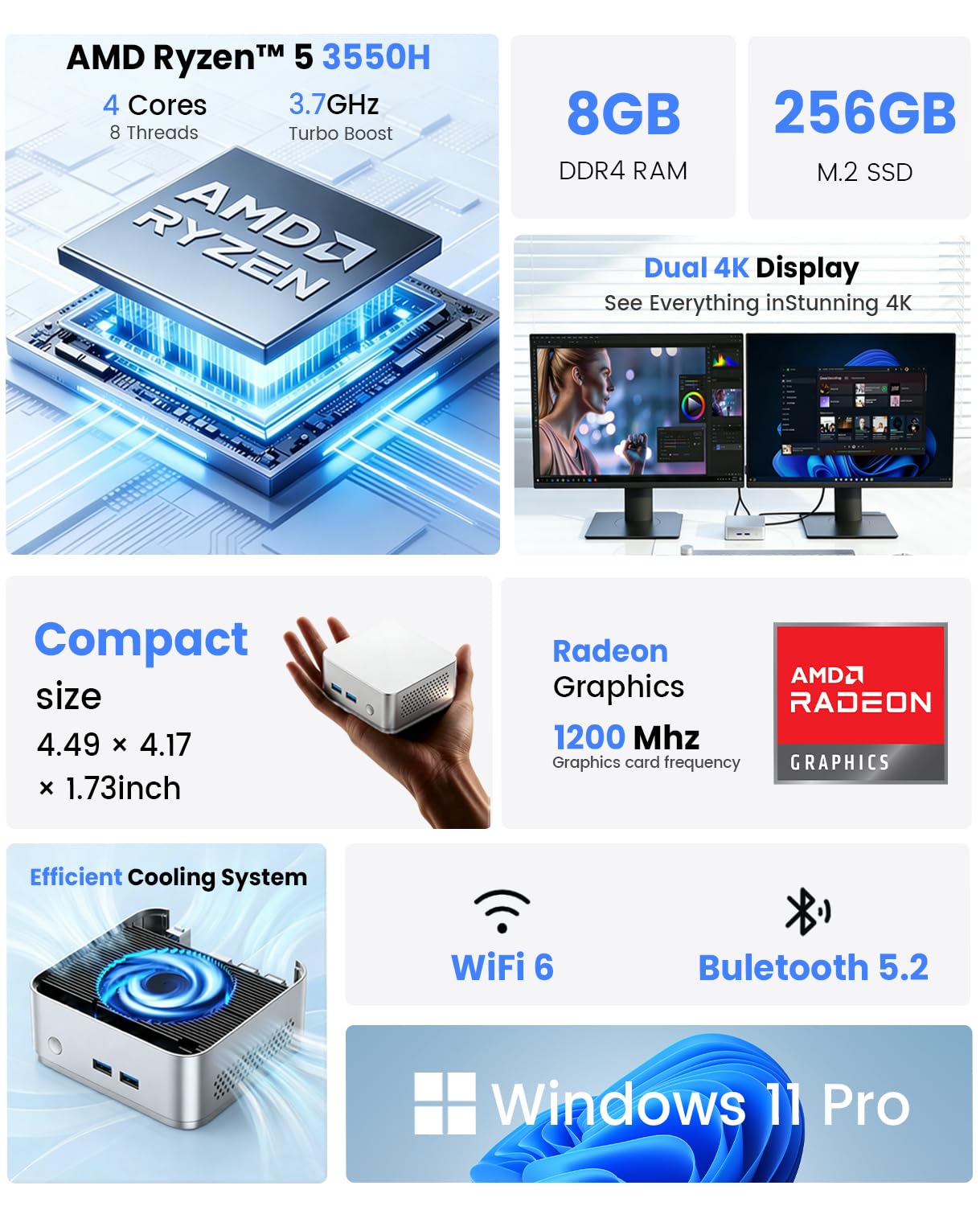 Kayoote Mini PC Ryzen 5 3550H Prozessor (bis 3,7GHz) Win 11 Pro 8GB DDR4 256GB SSD Desktop Computer, 4K Dual HDMI Display/USB 3.0/WiFi 6/BT5.2/Typ-C/RJ45 Gigabit Ethernet für Business Büro Zuhause