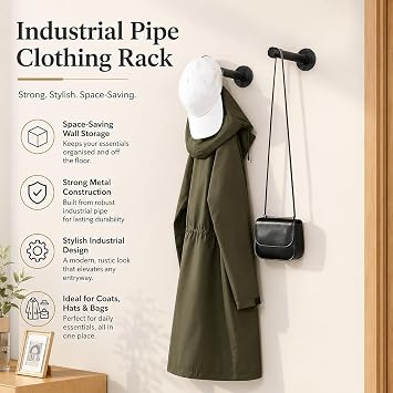 scicent 2 Pack Pipe Shelf Brackets Heavy Duty, 50KG Capacity, Industrial Shelf Bracket, Wall Mounted Clothes Rail, Hanging Rails for Clothes (Black 30cm)
