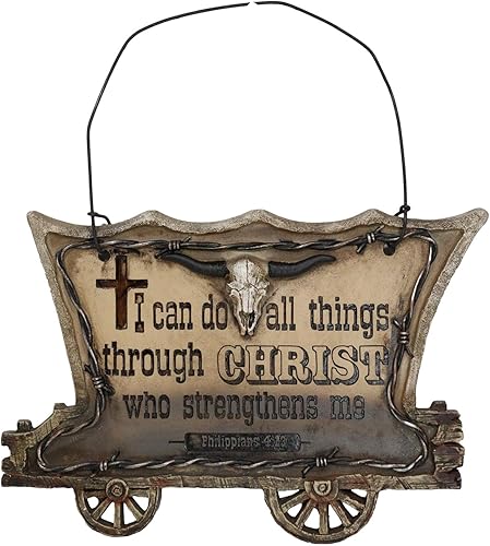 Ebros Gift Chuckwagon rústico occidental con alambres de púas de calavera de vaca de cuerno largo, versículo bíblico bíblico de la Santa Biblia