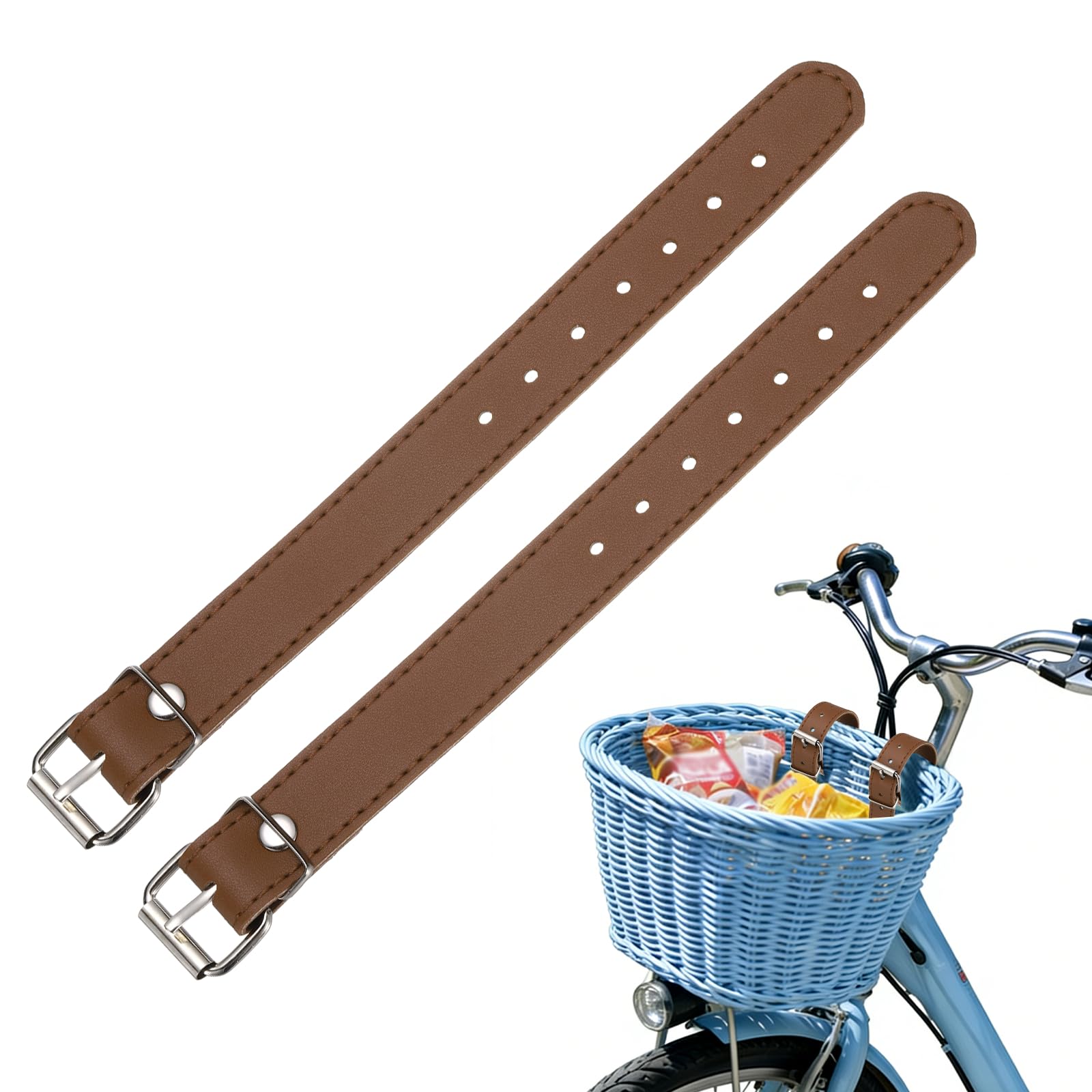 YELARXI Bicycle Basket Strap, Adjustable Bike Front Baskets Leather Straps Detachable Securing Straps 2 Pcs & Brown-Fitting for (Most Bikes/Tricycle/Scooters)