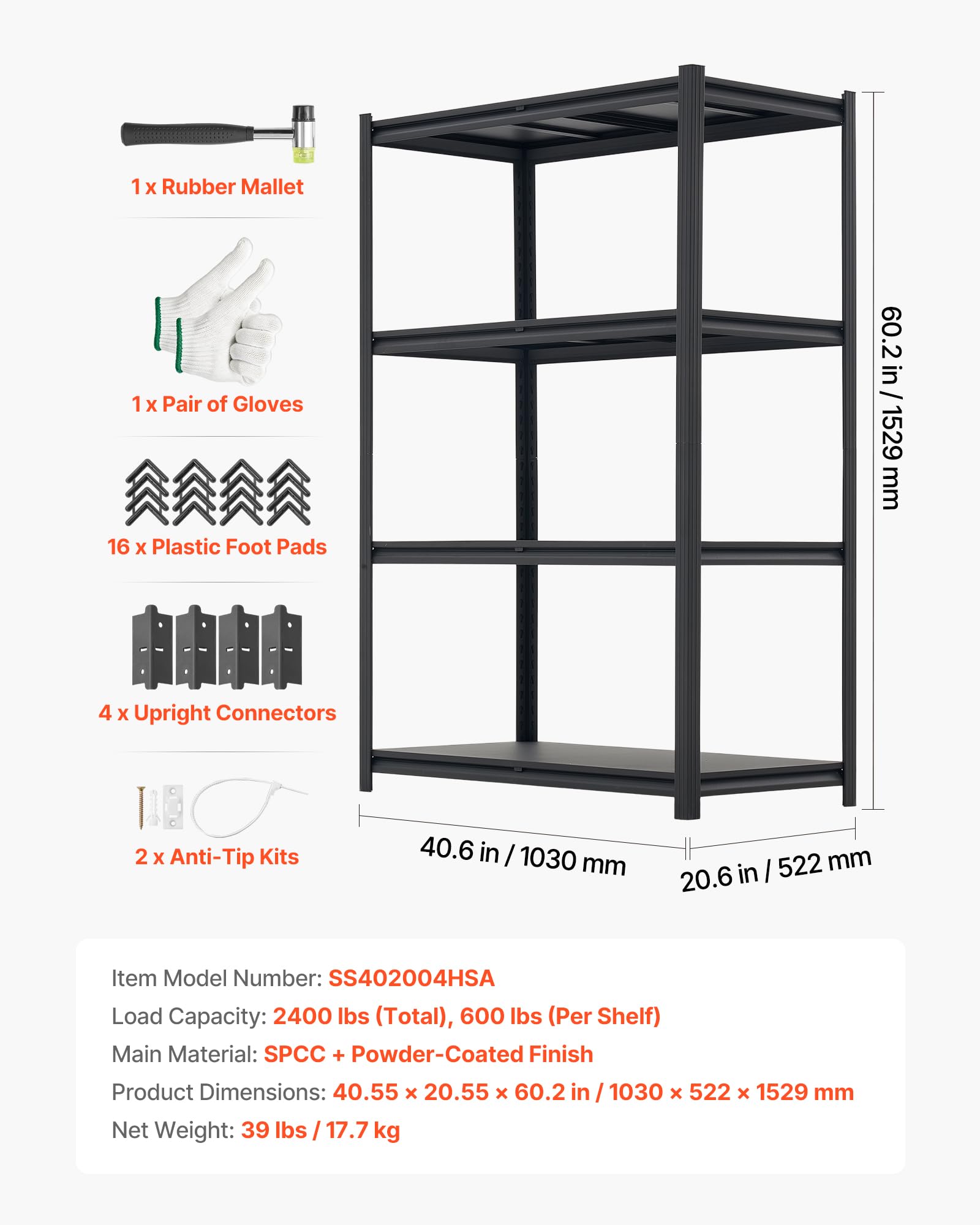 VEVOR Estantería Almacenaje Metálica de 4 Niveles 1030 x 522 x 1529 mm, Estantería Multiusos Altura Ajustable, Capacidad 1088 kg en Total con Estructura de Acero para Trastero Garaje Almacén Cocina