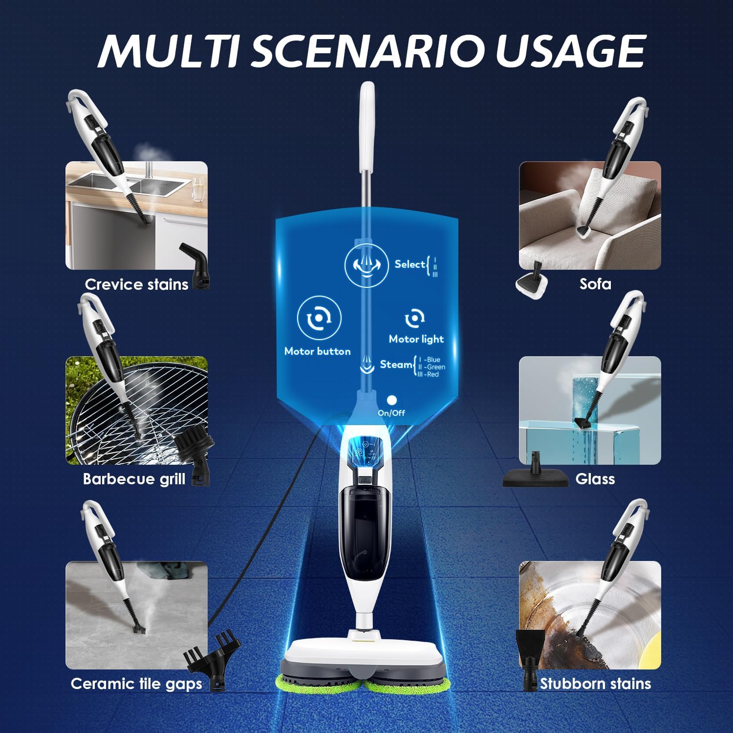 15 in 1 Steam Spin Mop Cleaner Machine with Handheld Unit for Cleaning Electric Steamer Mops for Hardwood Laminate Floor, Grout Tile, Car 120V