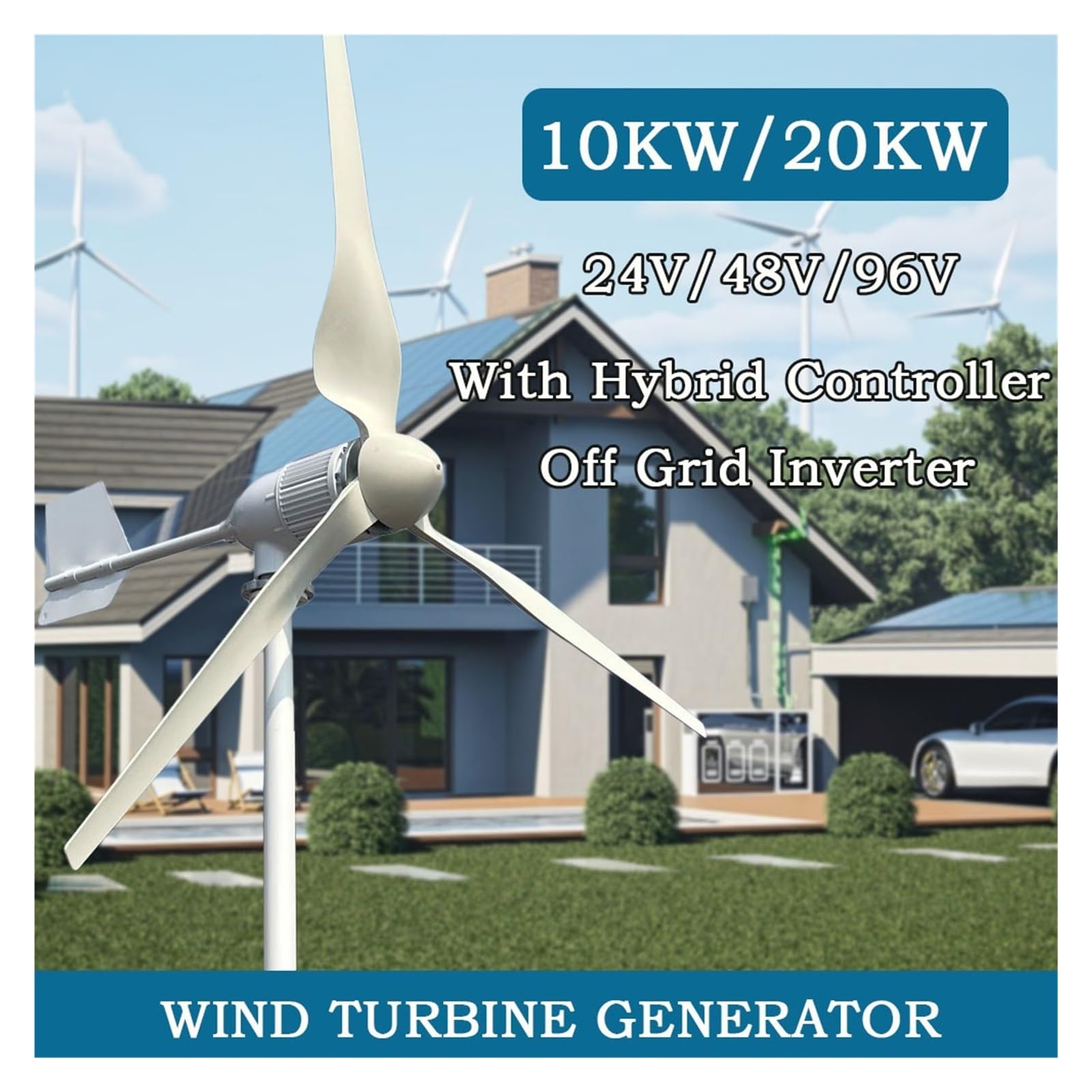 Kit generatore eolico orizzontale off-grid da 20 kW per uso domestico, 96 V/48 V/24 V opzionale, potente uscita inverter off-grid, controller ibrido a bassa velocità di avviamento.