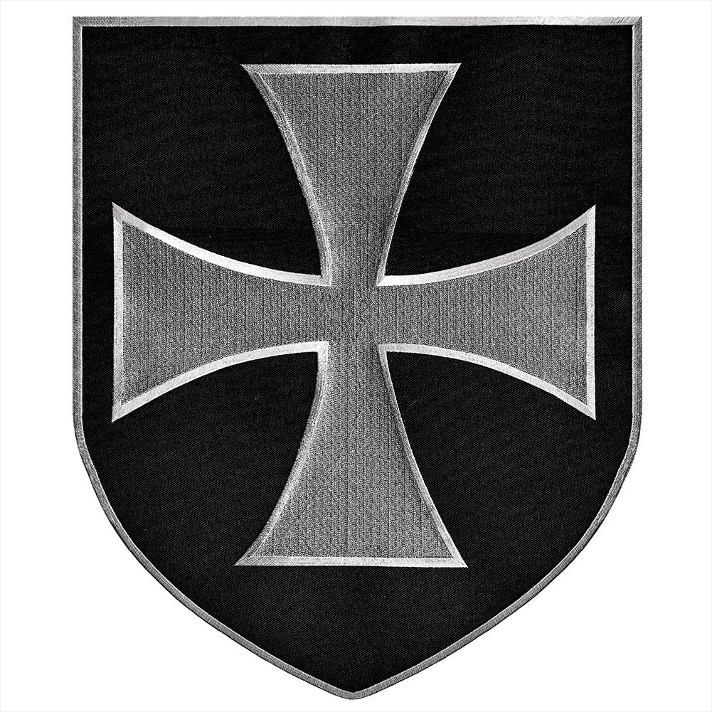 VEGASBEE® Large Iron Cross Shield Crusaders Knights Insignia Army Christian Biker Vest Jacket Embroidered Iron-ON Patch Black-Silver 12" Tall USA