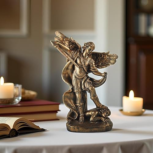 Miniatura 23 de Estatua de San Miguel Arcángel – Figura de resina con acabado de bronce de 5.32 pulgadas, ángel guerrero católico derrotando el mal, decoración