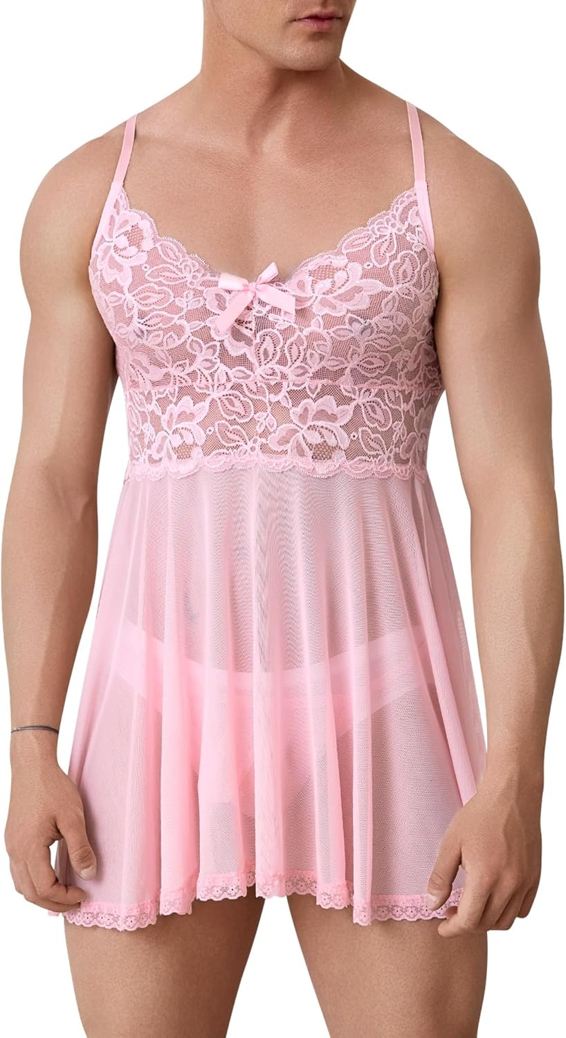 ABAFIP Men's Sissy Lingerie Crossdressing Nightwear Sheer Lace Mesh Nightdress Ruffle V-Neck Nightgown - Image 5