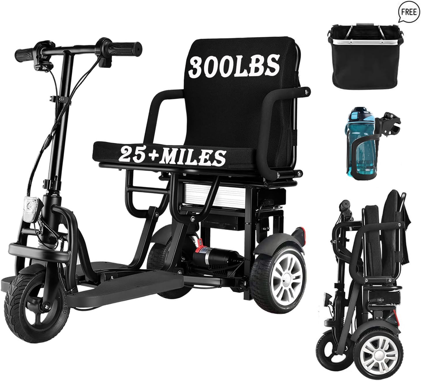 25 Miles Electric Powered Mobility Scooter, 55Lbs Ultra Lightweight Folding Mobility Scooters for Adults Seniors, Foldable Portable Power 3 Wheel Travel Mobility Scooters for Seniors Support 300lbs