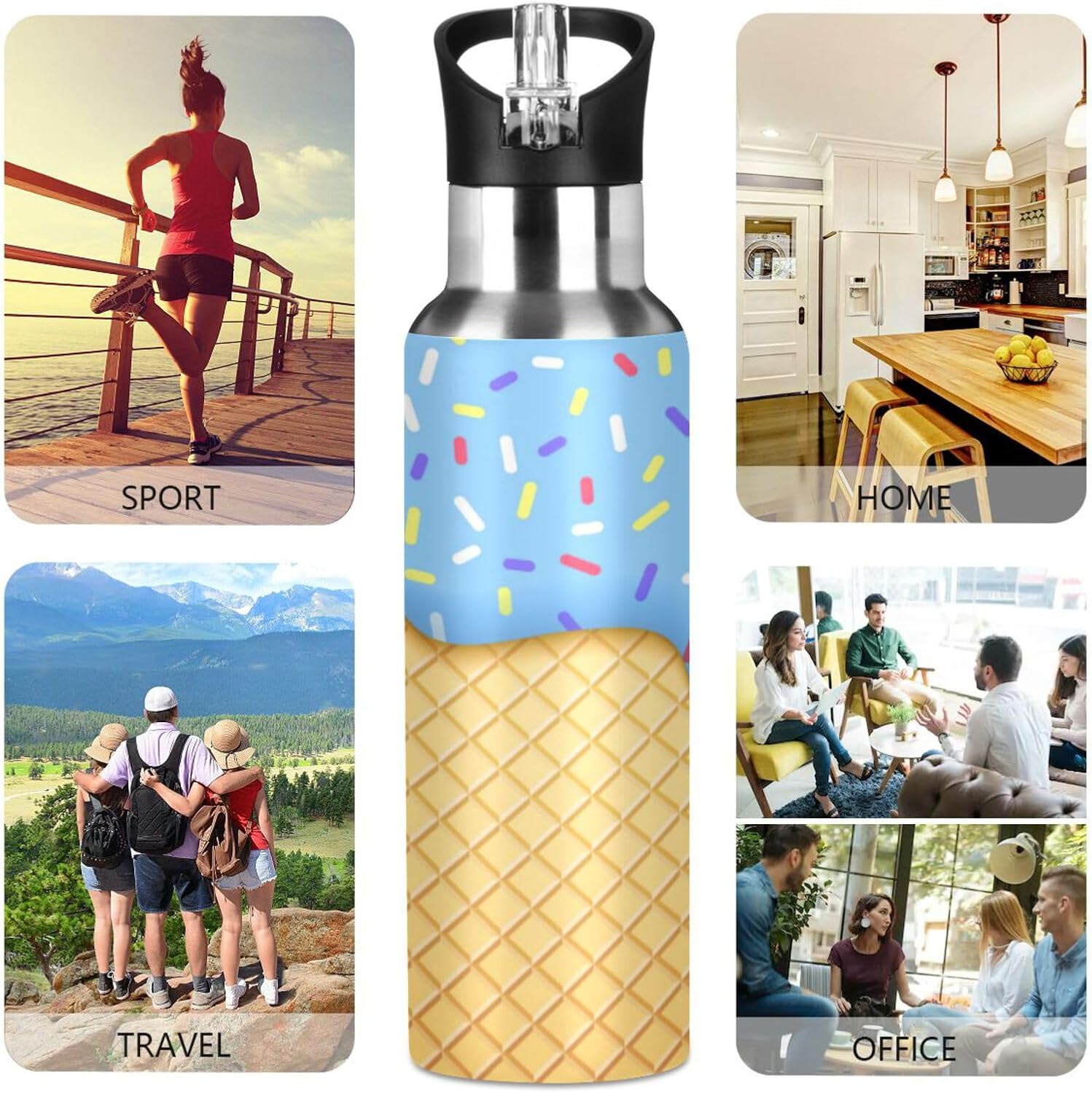 YETTASBIN Ice Cream Cone Water Bottle with Straw Lid 20oz Leakproof Vacuum Insulated Stainless Steel Sport Water Bottles for Gym, School, Travel - Image 5