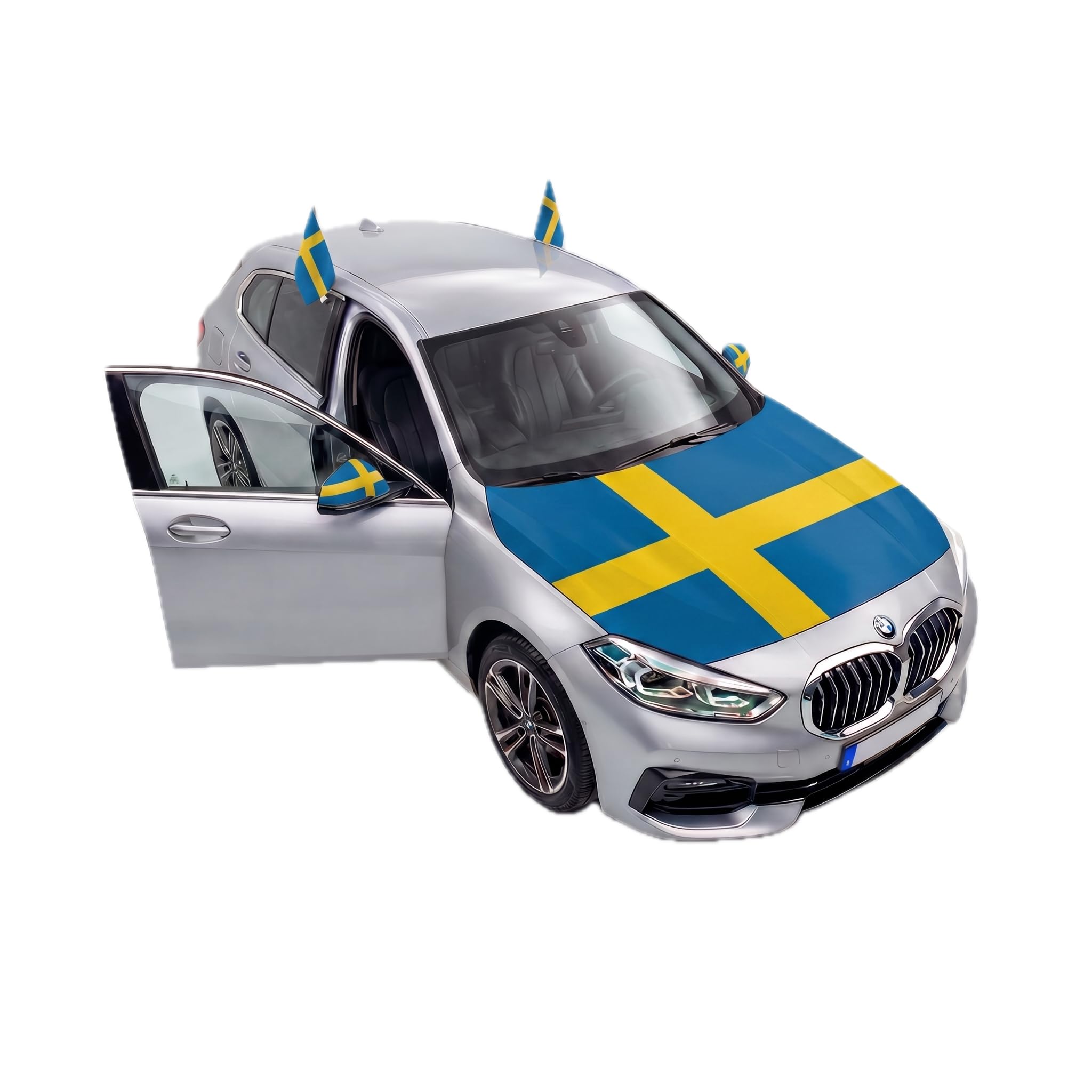 Auto Fahnen Schweden Komplett Set - Motorhaubenfahne, 2 Autofahnen Fenster & 2 Außenspiegelfahnen, Fußball Fanartikel FZG für EM & WM, Schwedische Flagge Fahrzeug Deko