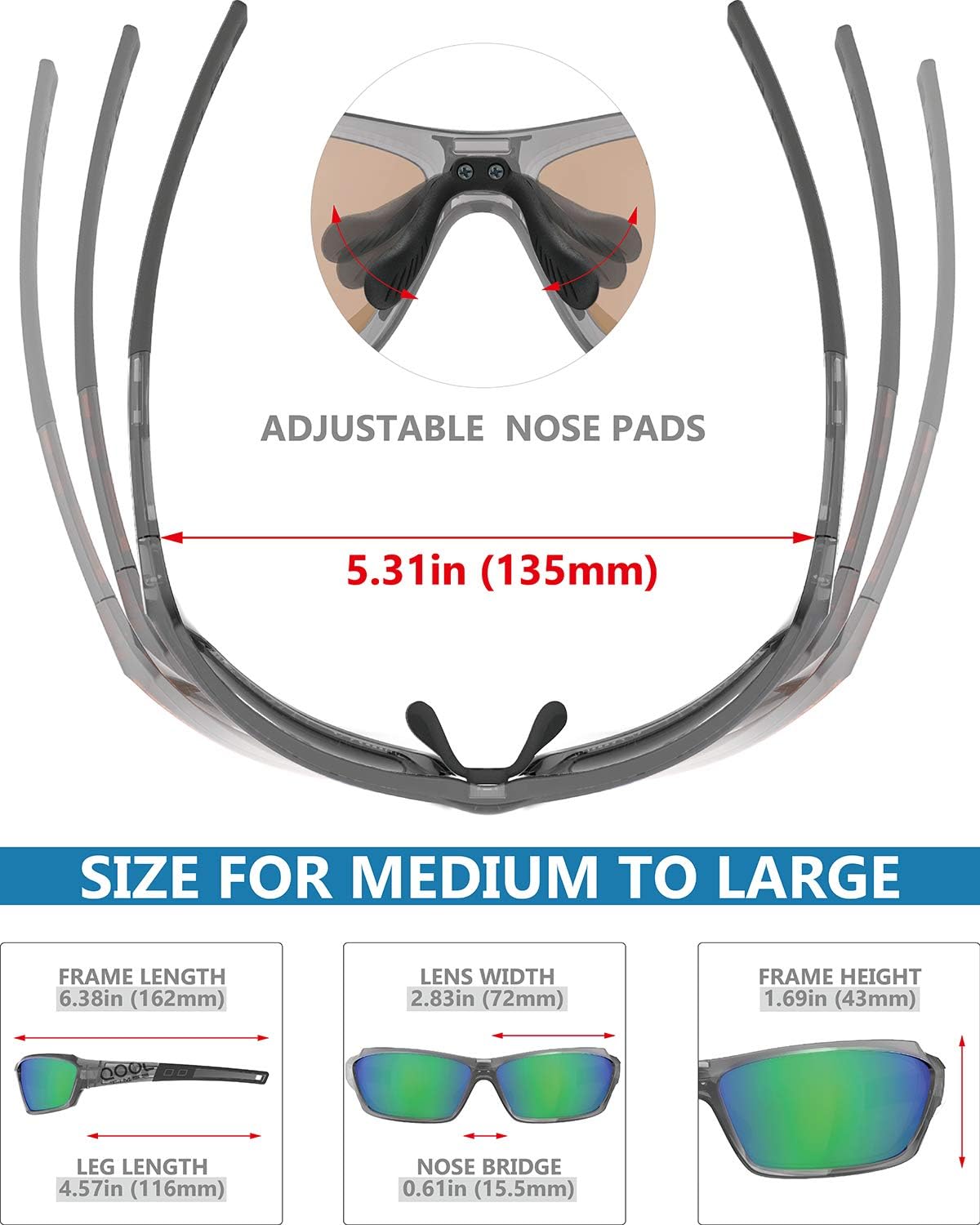 Polarized Fishing Sunglasses for Men Women, Adjustable Nose Pad, UV400, EMS TR90, ideal for Driving Running Golfing Cycling - Image 3