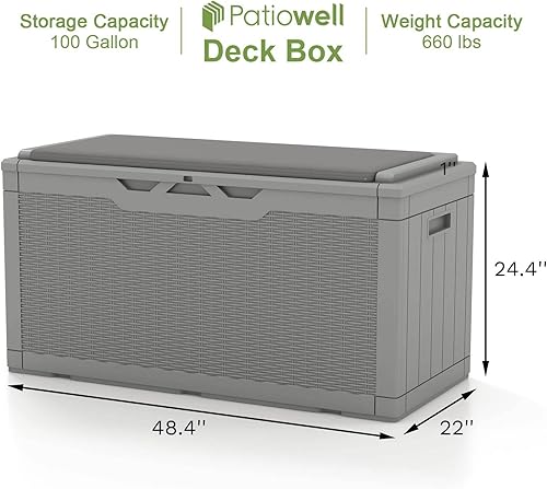 Vista 29 de Patiowell Caja de resina de 100 galones, caja de almacenamiento grande impermeable para muebles de patio y herramientas de jardín, color negro