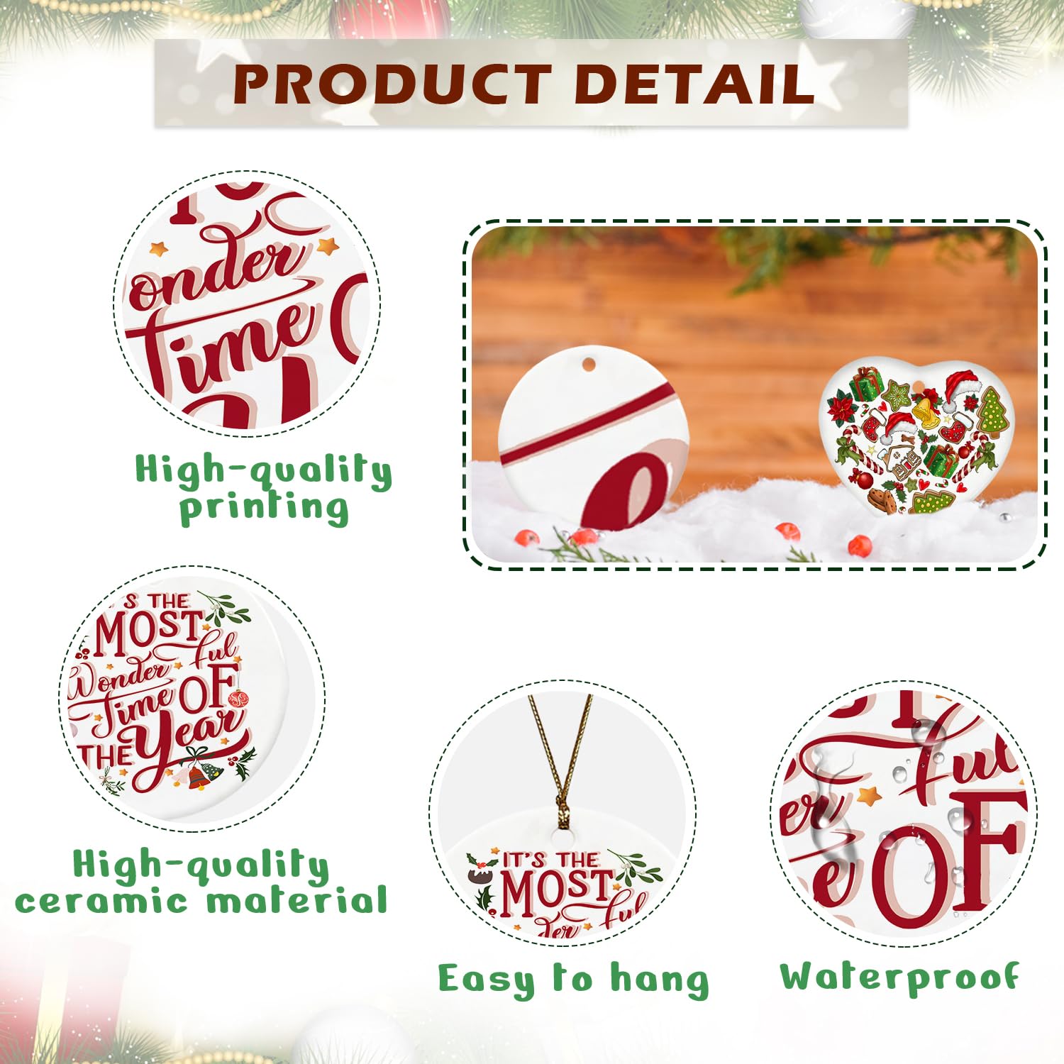 RYYCDOI It's the Most Wonderful Time of the Year Ceramic Christmas Ornaments for Tree, Keepsake Decorations