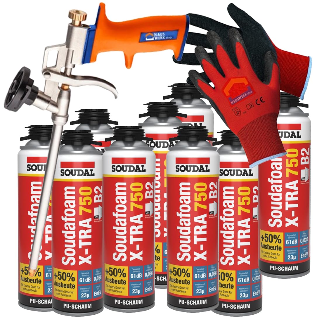 SET SOUDAL Soudafoam X-Tra 750 B2 Pistolenschaum 9 x 500 ml + Arbeitshandschuhe und Schaumpistole von Hauswerk.shop