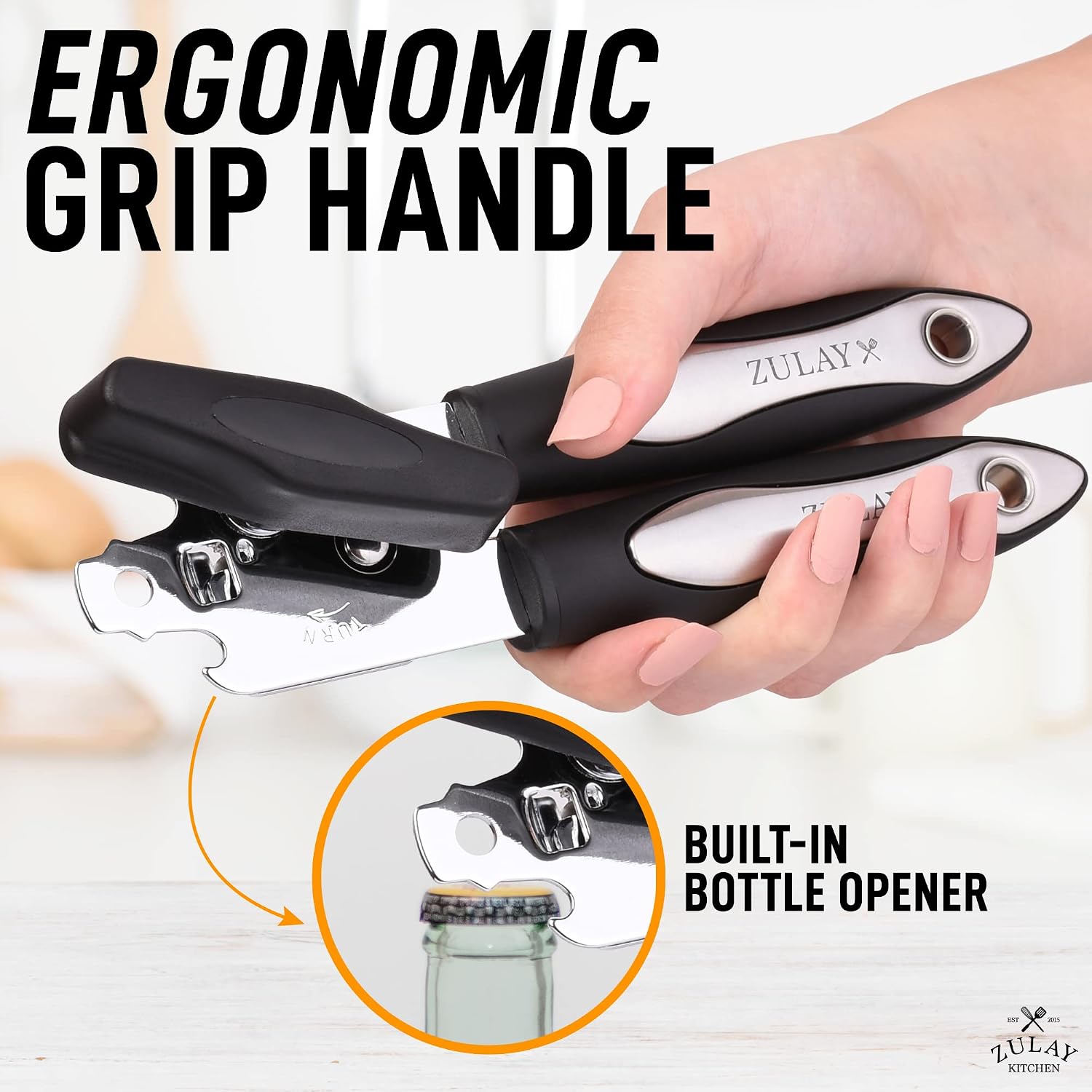 Zulay Kitchen Manual Can Opener - Handheld Can Opener Smooth Edge Cut Stainless Steel Blades - Heavy Duty Can Opener Manual with Comfortable Grip Handle and Large Turn Knob (Black)