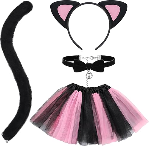 Juego de 4 piezas de disfraz de gato de Halloween para niñas, diadema con orejas de gato, cola, corbatín, falda tutú para gatito, fiesta de