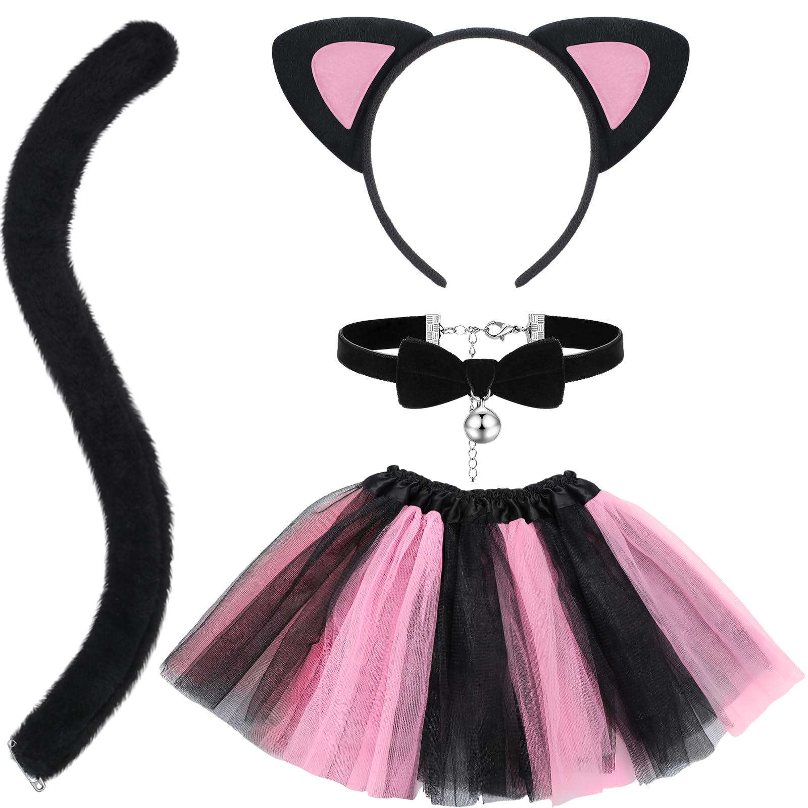 Hotop 4 Pcs Halloween Girls Cat Costume Set Cat Ears Headband Tail Bow Tie Tutu Skirt for Kitty Halloween Dress up Party