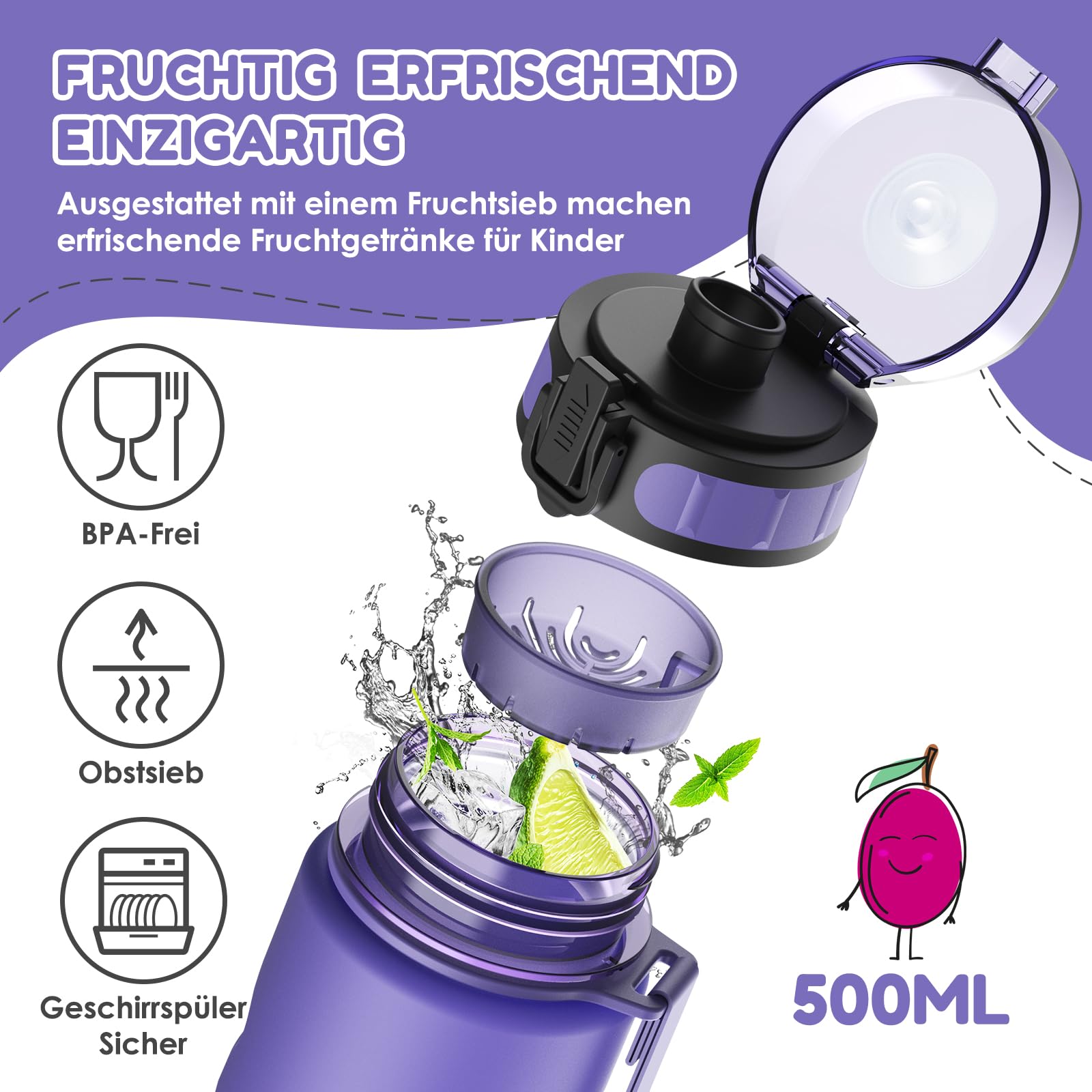 Luyiilo Botella infantil a prueba de fugas, 500 ml, apta para bebidas carbonatadas, sin BPA, botella con inserto de frutas y pegatinas, perfecta para guardería, escuela (morado)