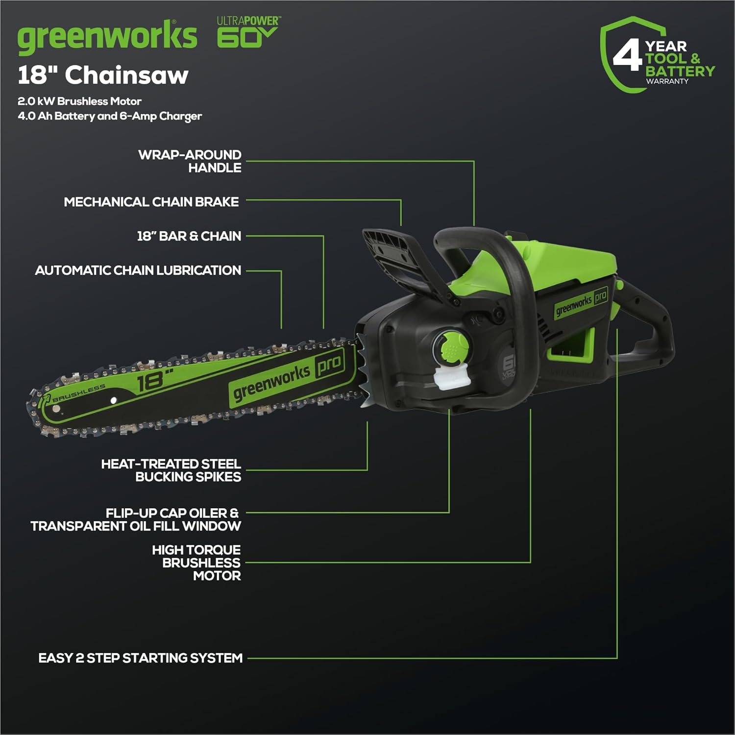Greenworks 60V 18" Brushless Cordless Chainsaw,(Tool Only)