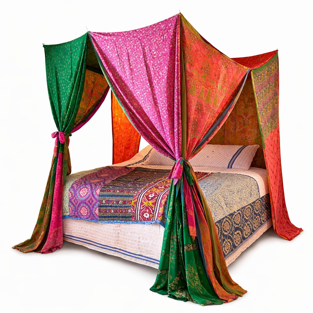KLAVATE Bed Canopy Curtains Boho Curtains Bohemian Decor Indian Silk Sari Saree Bohemian Wedding Backdrop (Queen)
