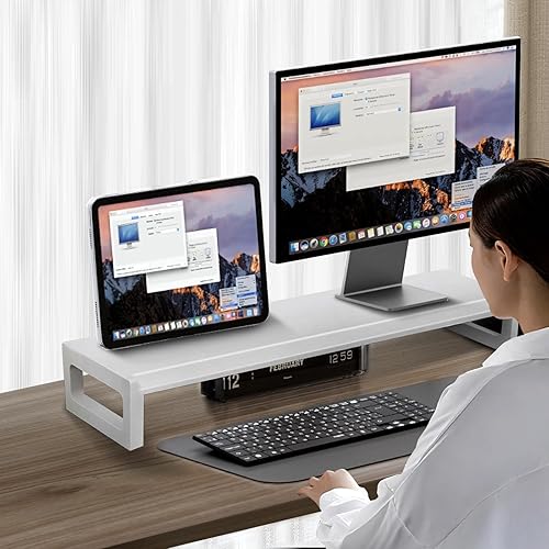 Miniatura 7 de Soporte elevador para monitor doble, soporte para monitor de computadora de 28 pulgadas con ranura multifuncional para 2 monitores, almacenamiento