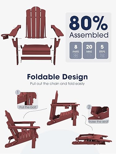Miniatura 6 de KINGYES Silla Adirondack plegable ajustable, sillas Adirondack reclinables de 3 posiciones con soporte para tazas, HDPE para todo tipo de clima,